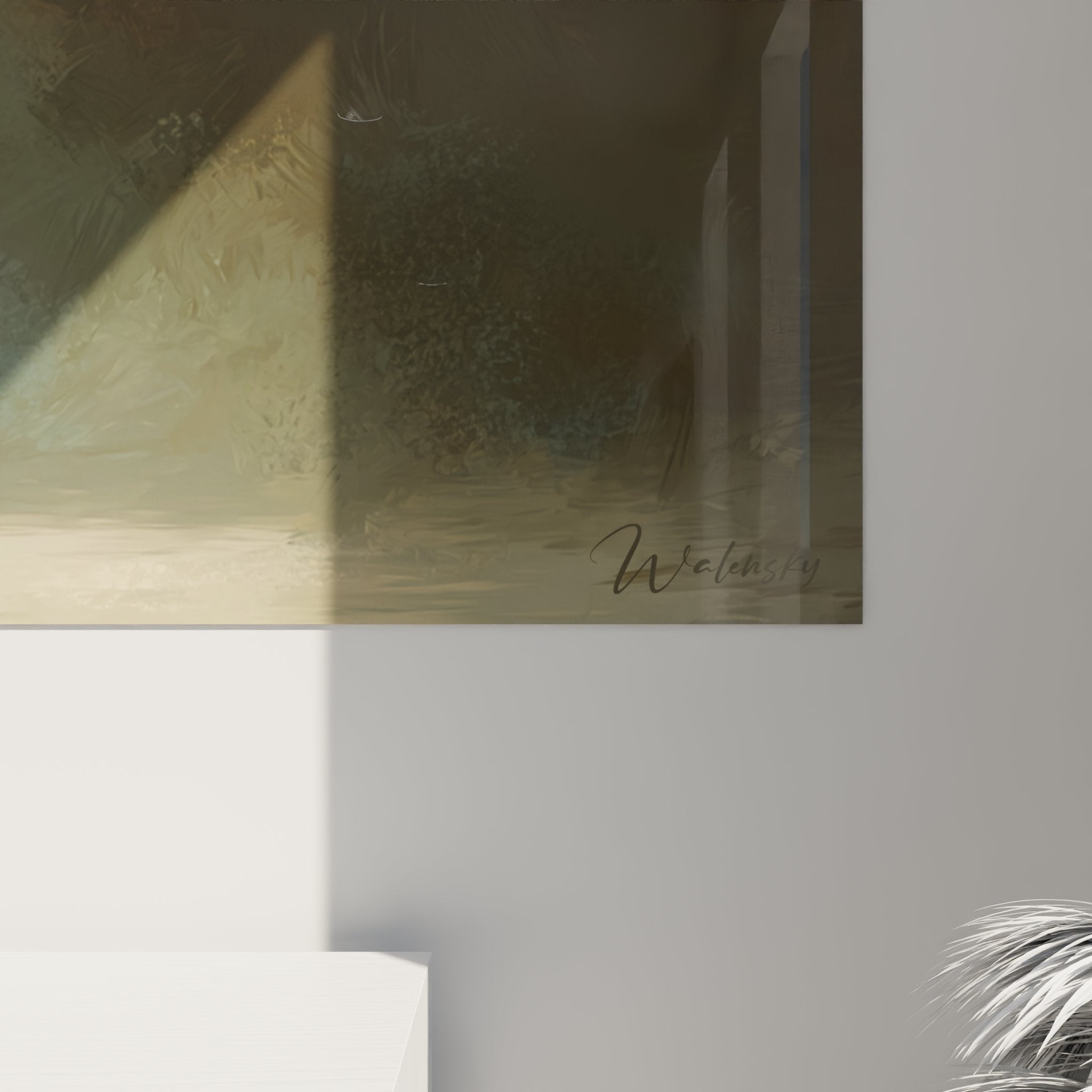 Gesamtansicht Wandbild Katze Savannah im modernen Wohnzimmer Inneneinrichtung Tierkunst