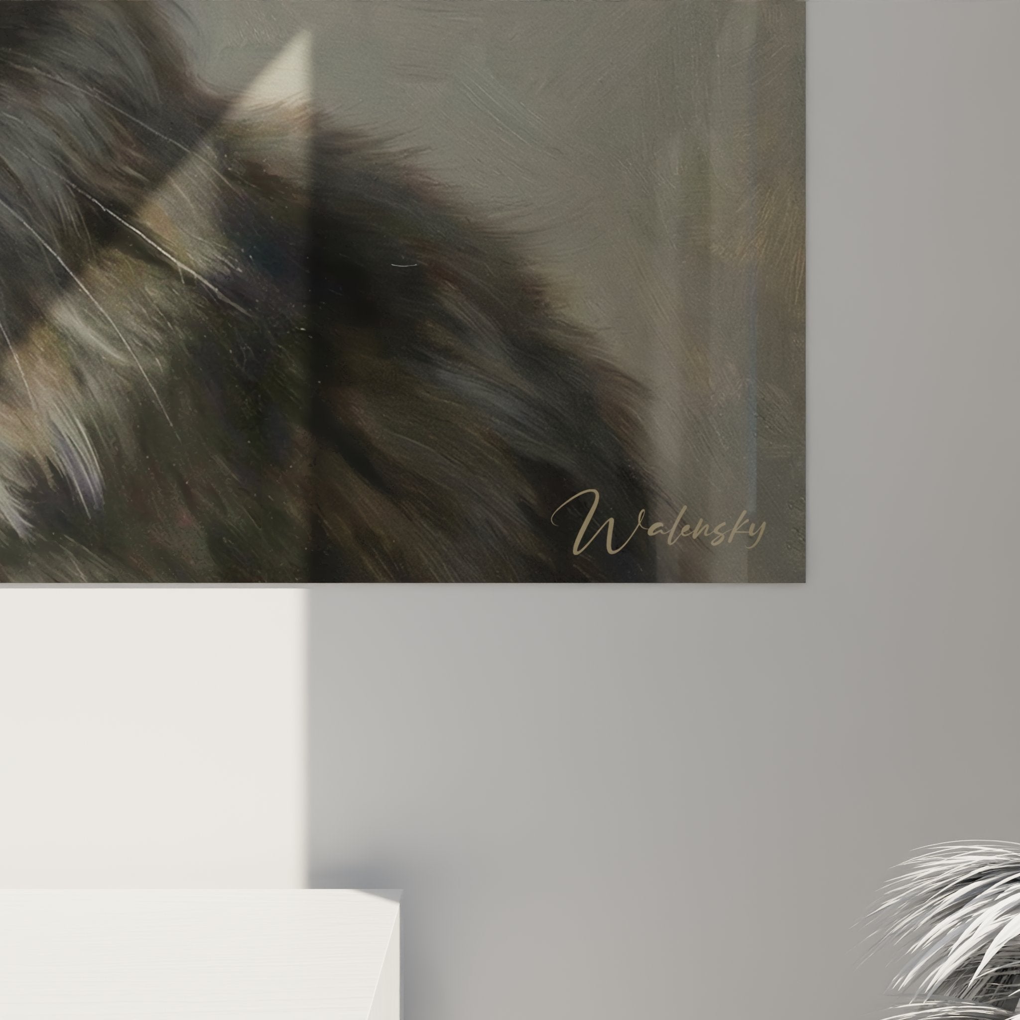 Panoramica quadro murale gatto Nebelung, formato orizzontale, ritratto felino artistico per soggiorno moderno