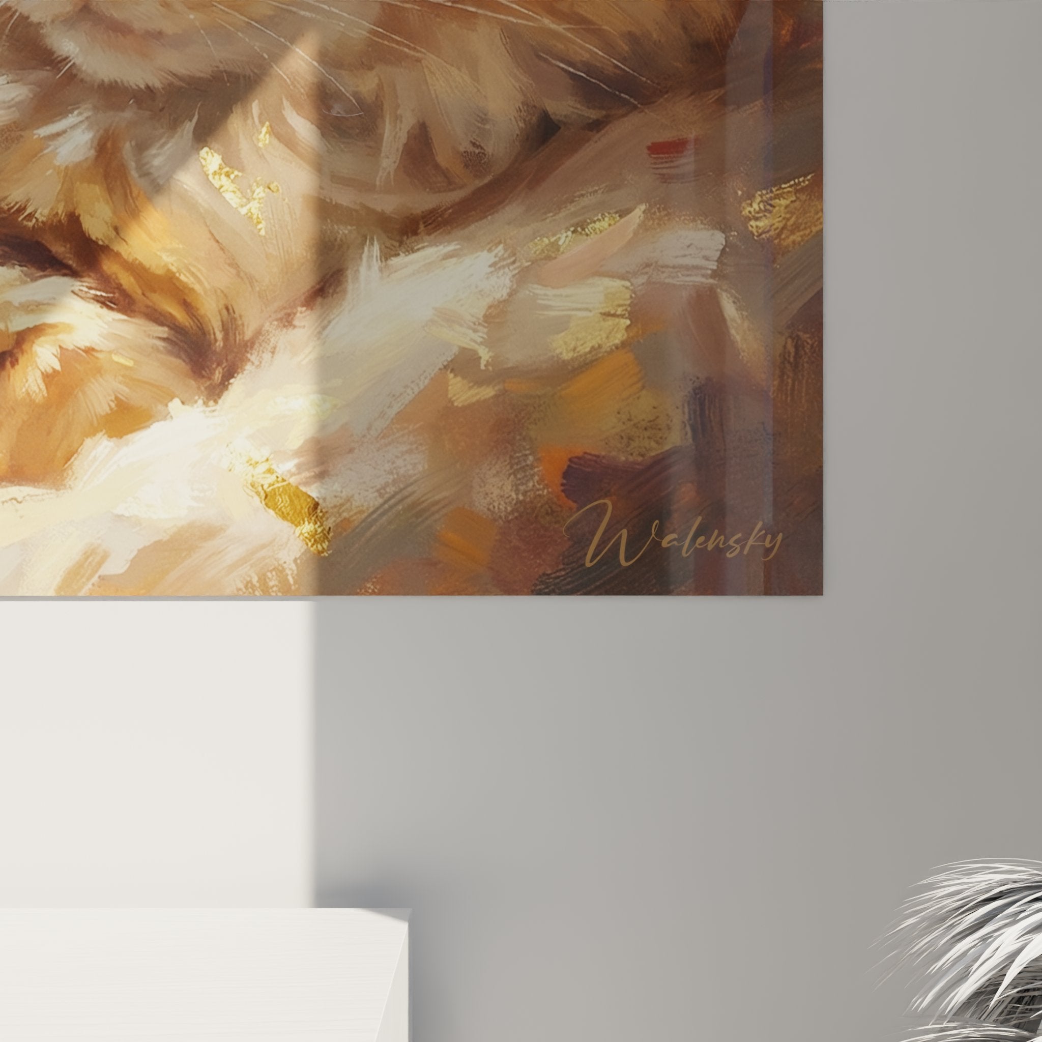 Vista d'insieme quadro murale gatto Ragamuffin addormentato, arte felina per soggiorno contemporaneo