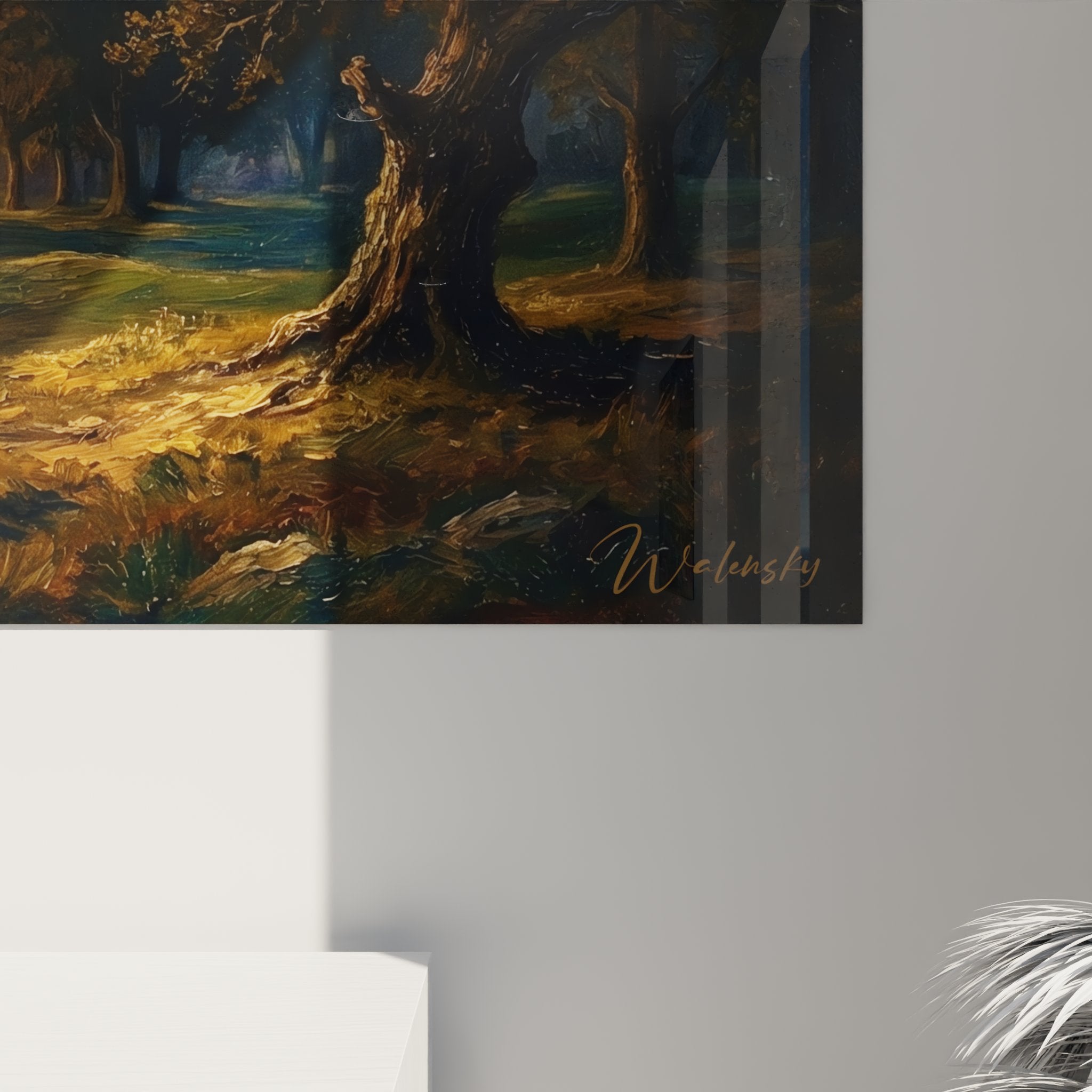 Vue ensemble tableau golf mural salon decoration coucher soleil fairway arbres centenaires atmosphere romantique