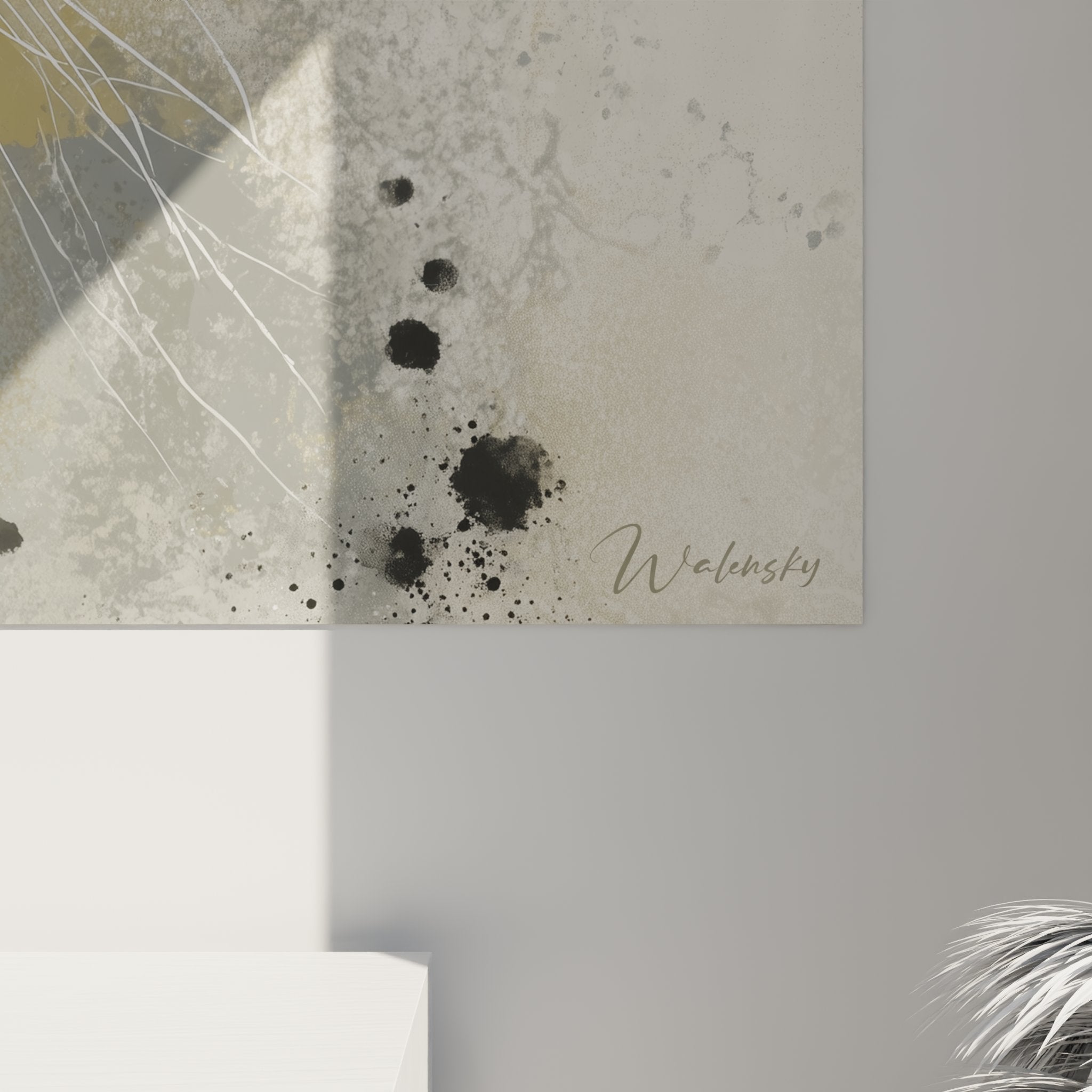 Vue d'ensemble tableau chat Sibérien décoratif, art mural contemporain tons neutres pour salon moderne