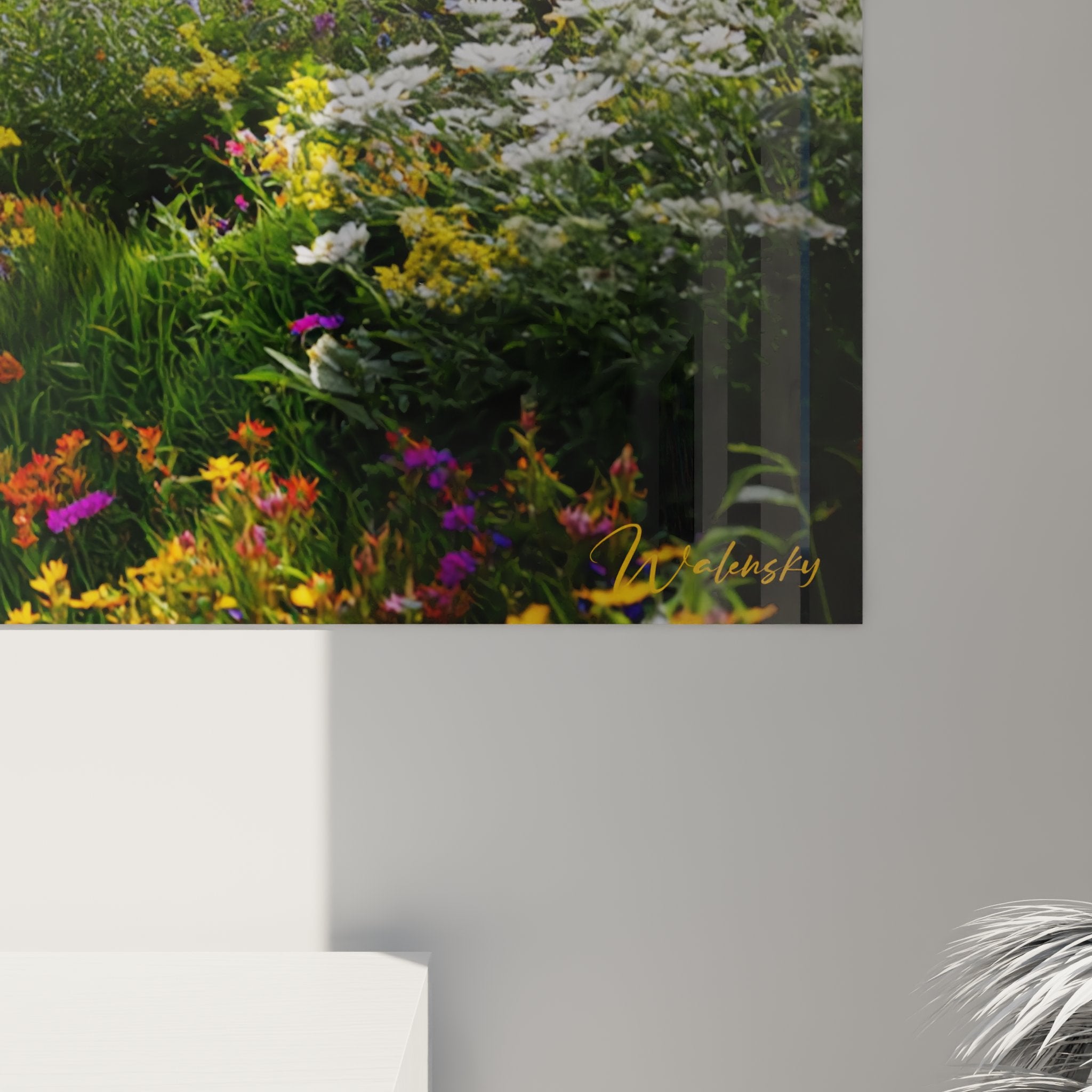 Vue ensemble tableau mural VTT lac montagne avec cycliste sur trail fleuri dans paysage alpin verdoyant