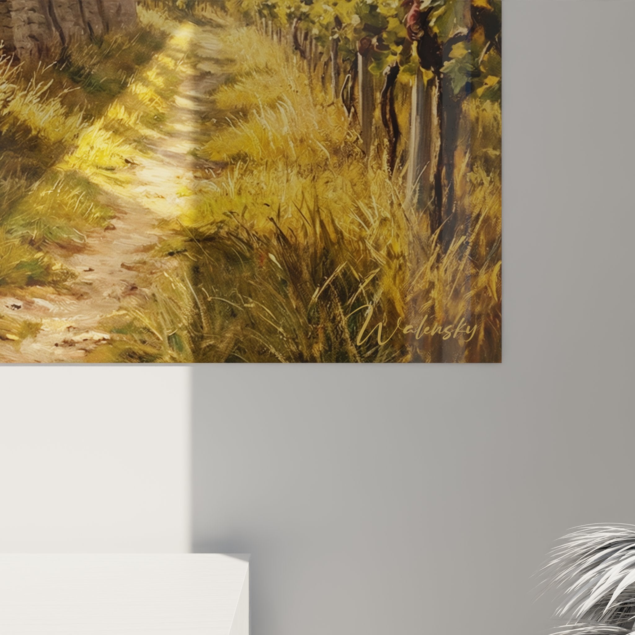 Vista generale del quadro della capanna del vignaiolo con sentiero sinuoso tra i vigneti alsaziani in autunno dorato