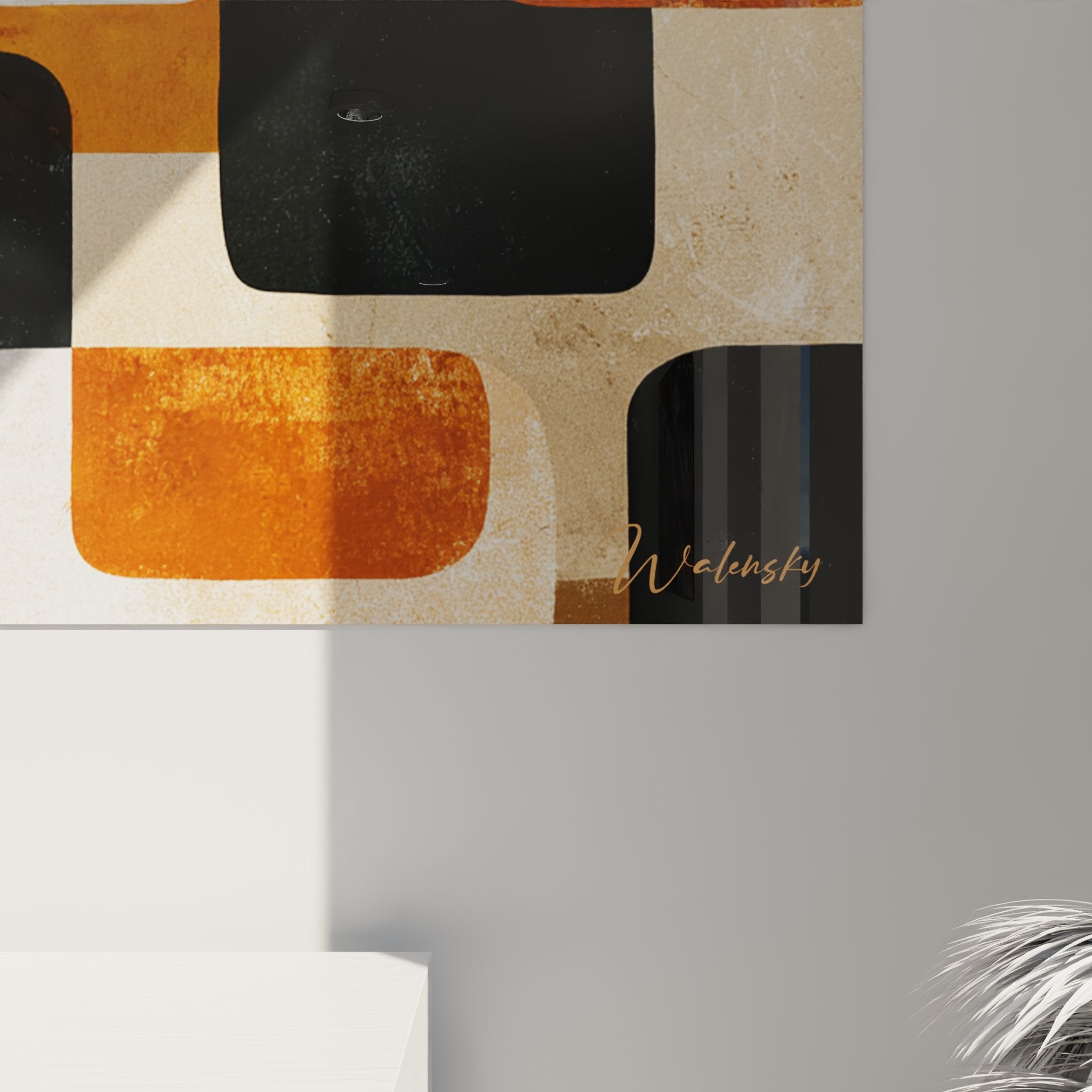 Overall view of wall art with abstract organic shapes, earthy color palette, modern African style