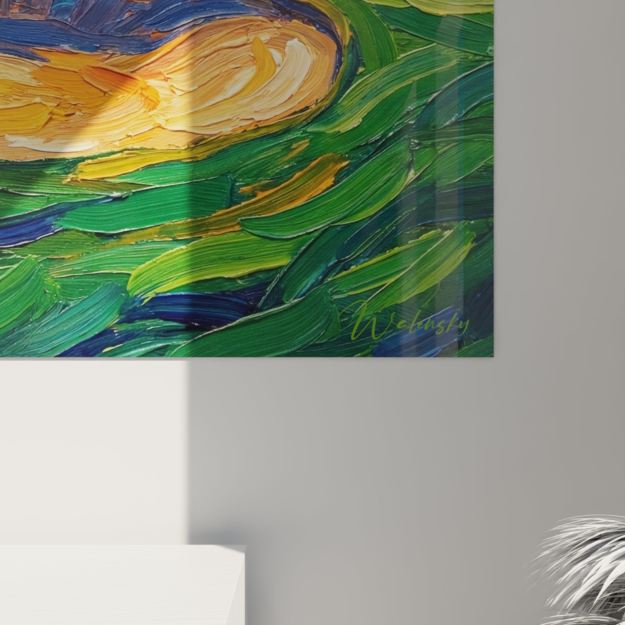 Vue ensemble tableau golf art impressionniste, parcours serpentant avec drapeau et ciel dynamique bleu