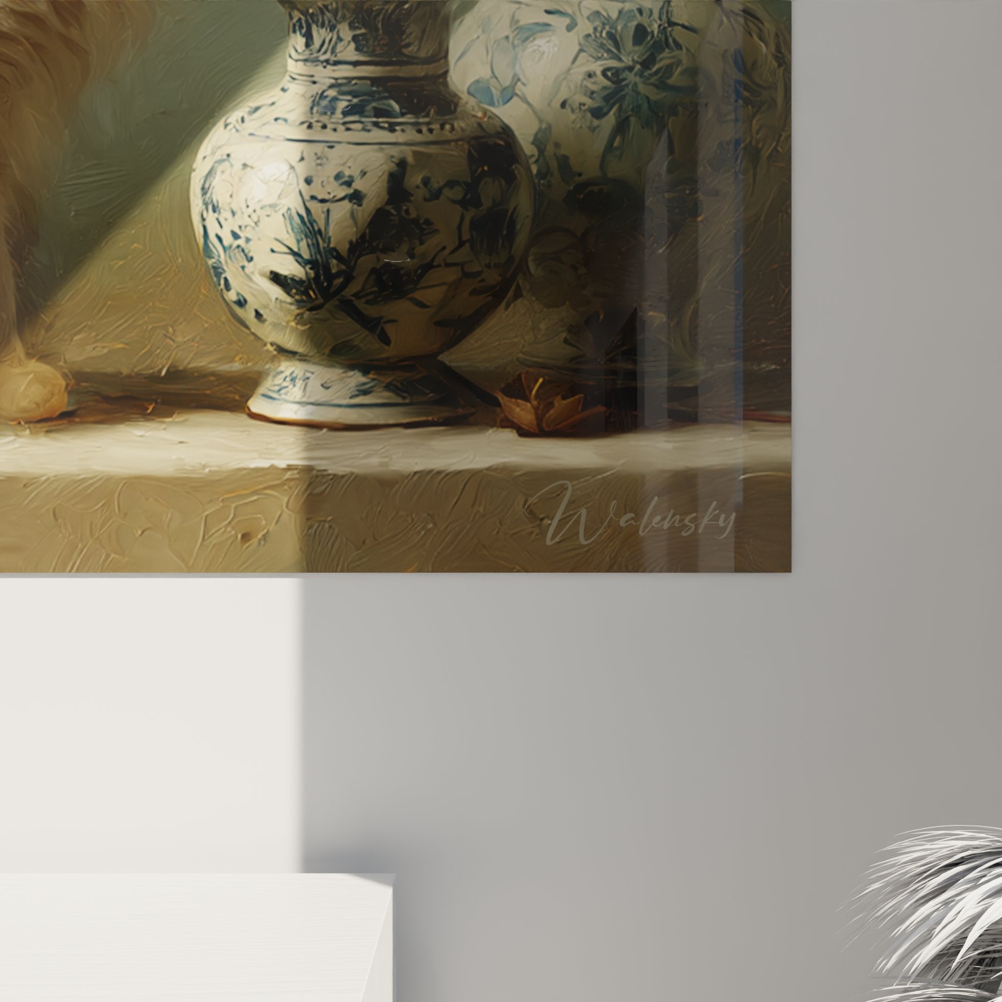 Vista d'insieme quadro murale gatto bianco porcellane cinesi decorazione interni elegante e armoniosa