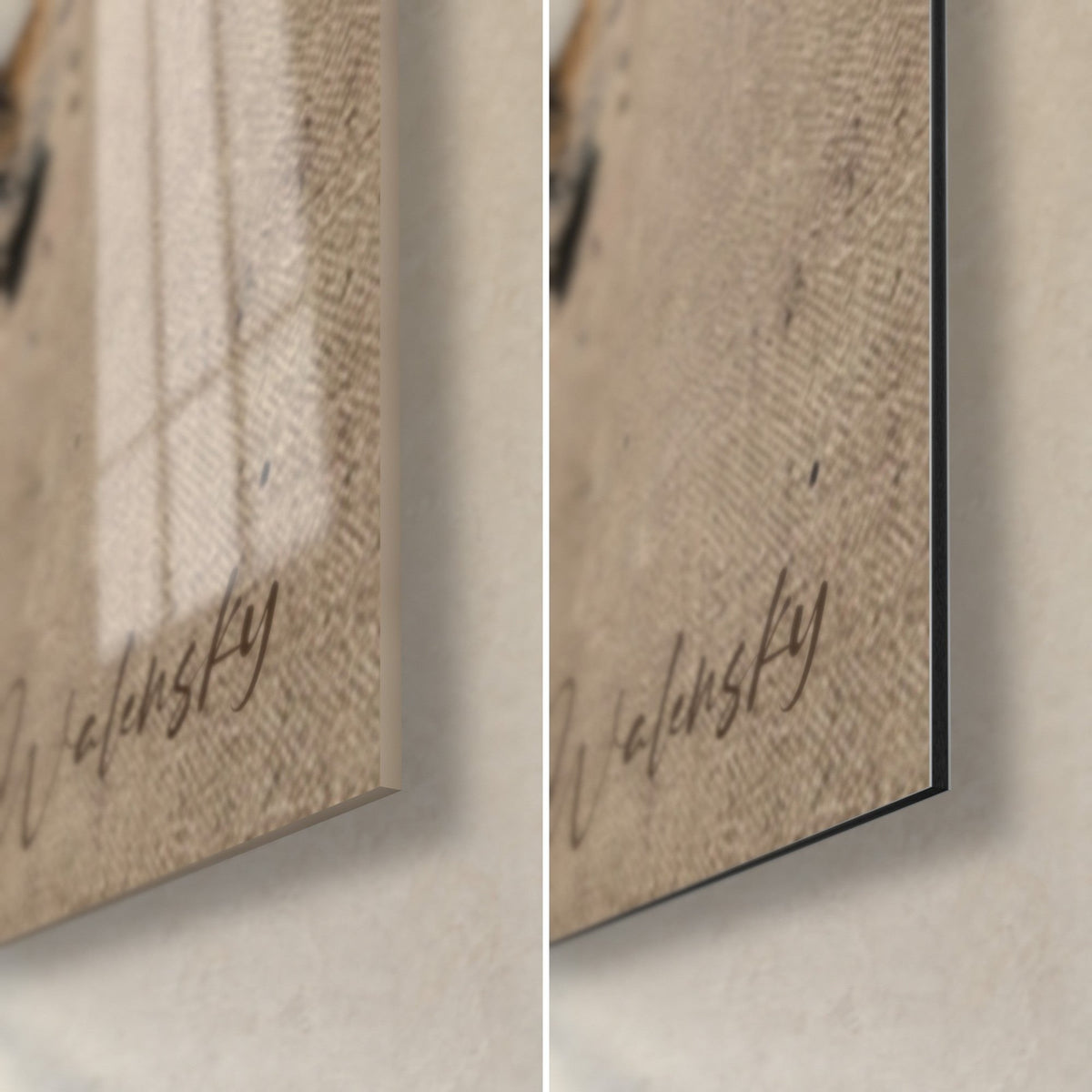 Tableau boxeur doré calciné, coin bas droit : verre acrylique brillant et alu Dibond mat noir, tranche de 3 mm, signature Walensky