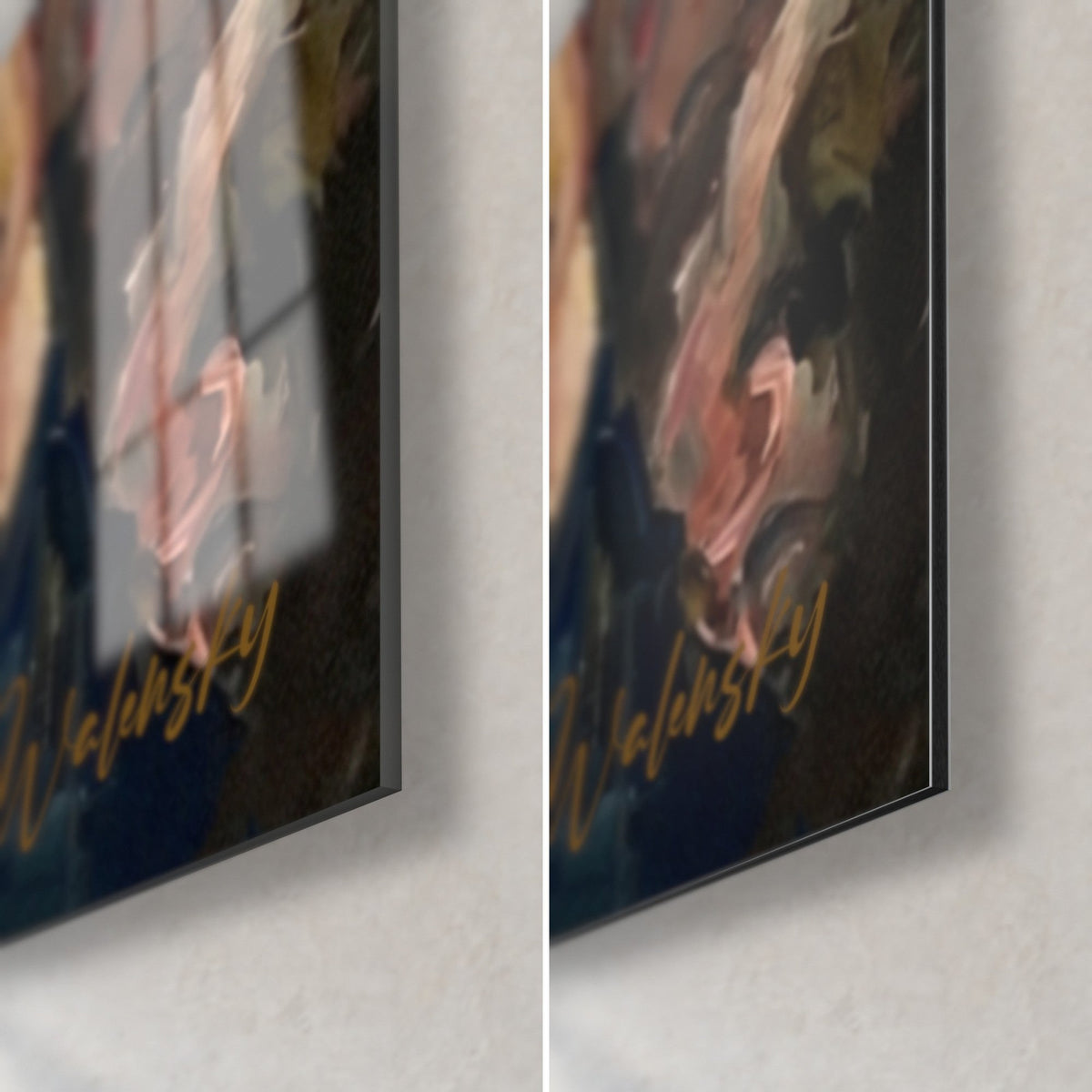 Quadro spettatori con le mani alzate, angolo in basso a destra: vetro lucido a sinistra, alluminio Dibond opaco a destra, firma dorata, bordo sottile
