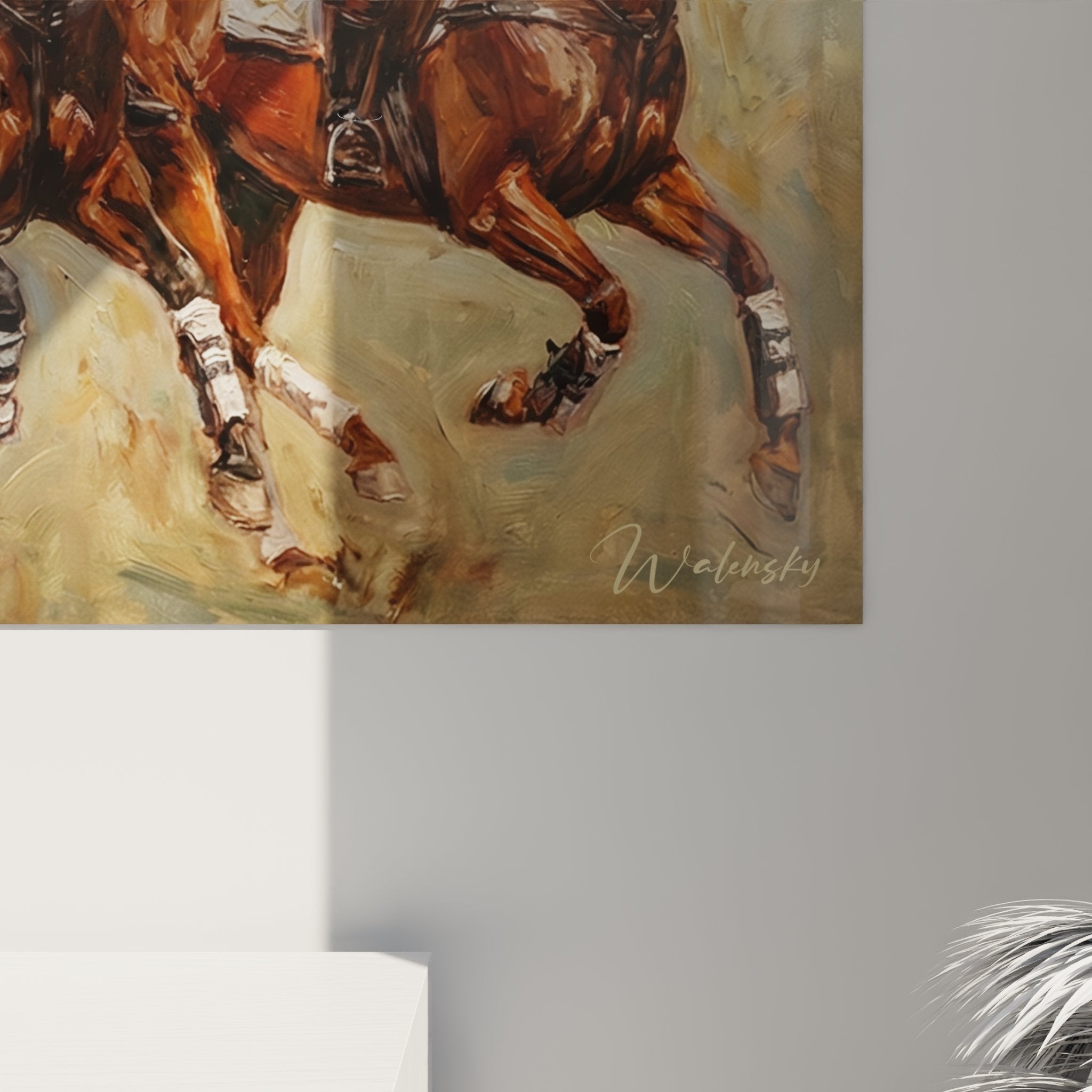 Overview of the dynamic polo painting featuring four players showcasing the intensity of equestrian sport