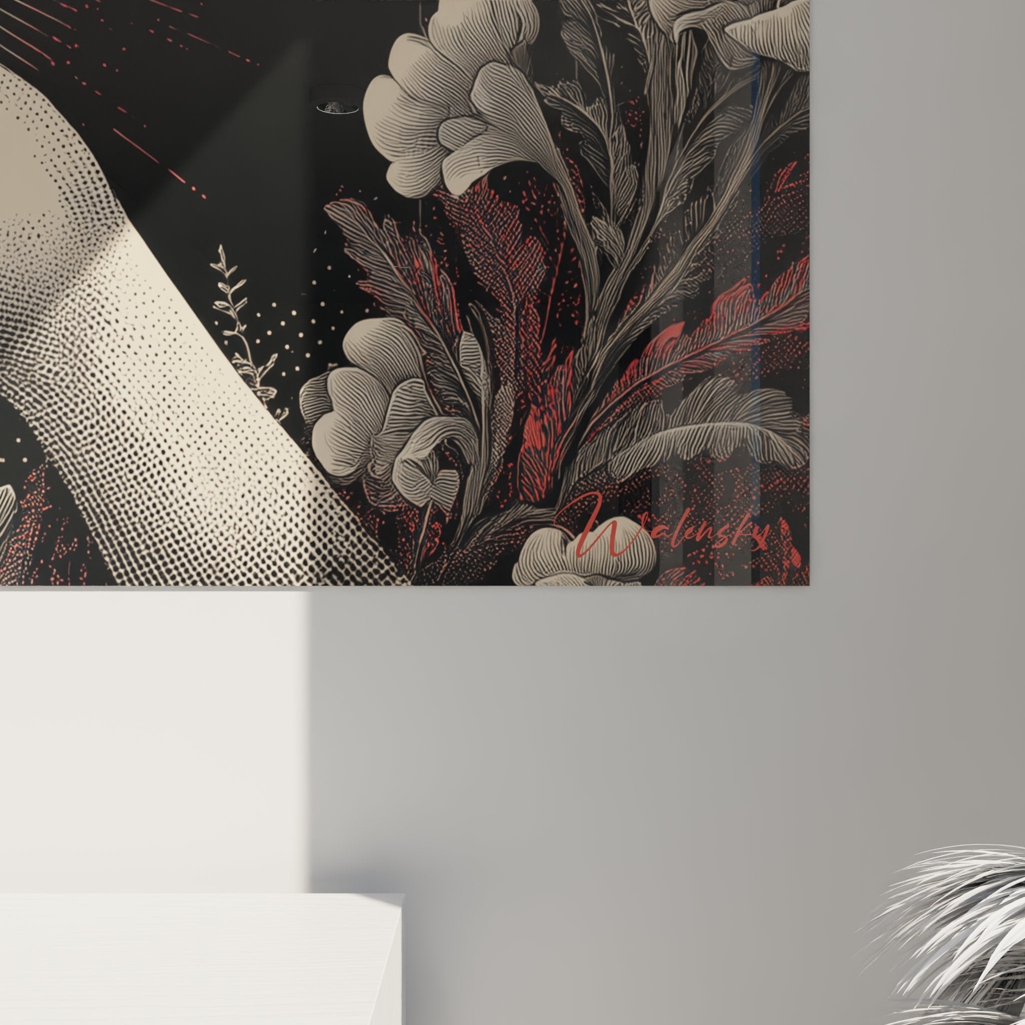 Vista completa quadro mano divina melagrana su parete bianca con cornice moderna art déco