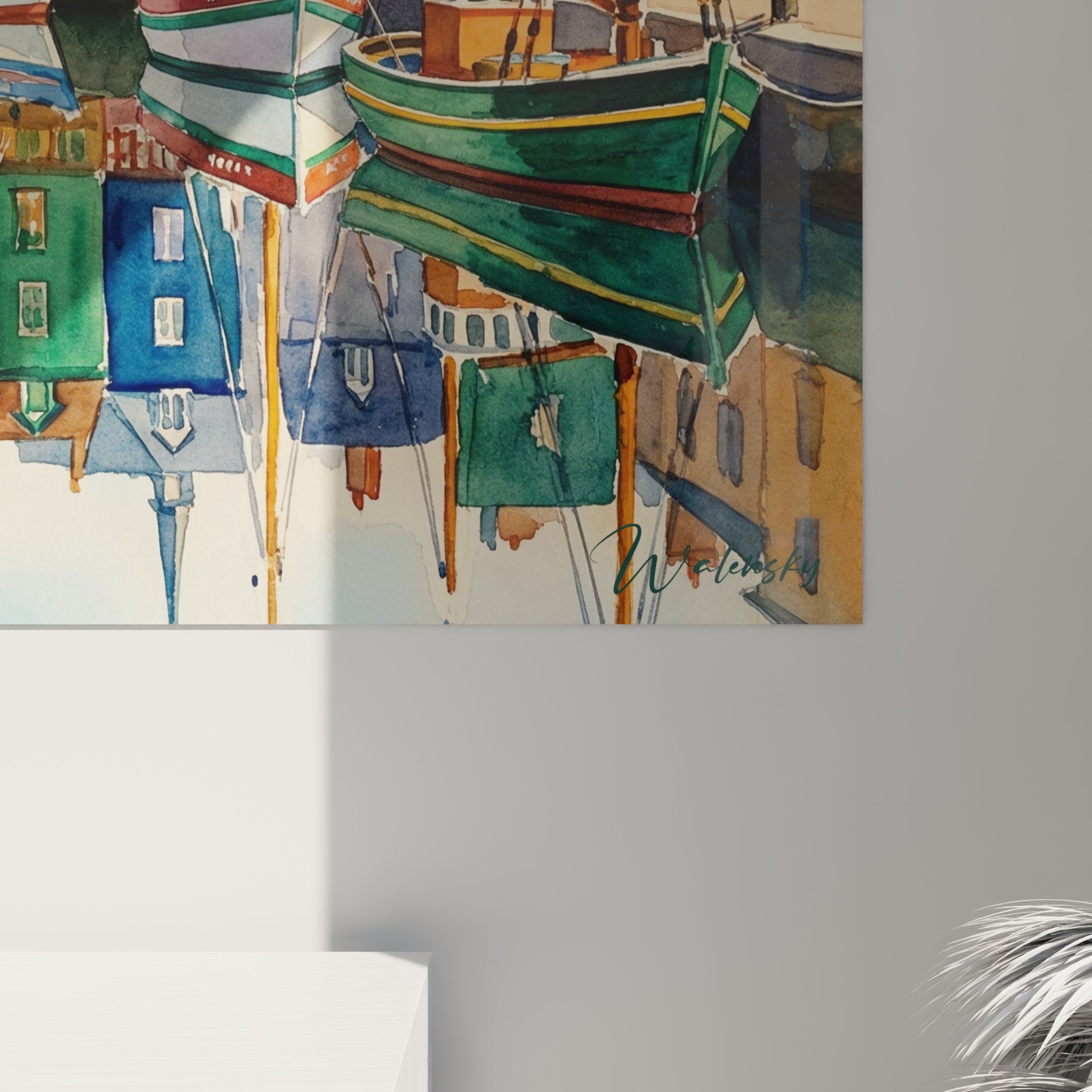 Übersichtsansicht des Gemäldes Normandiehafen Honfleur mit Perspektive auf Fachwerkhäuser und bunte Bootsflottille