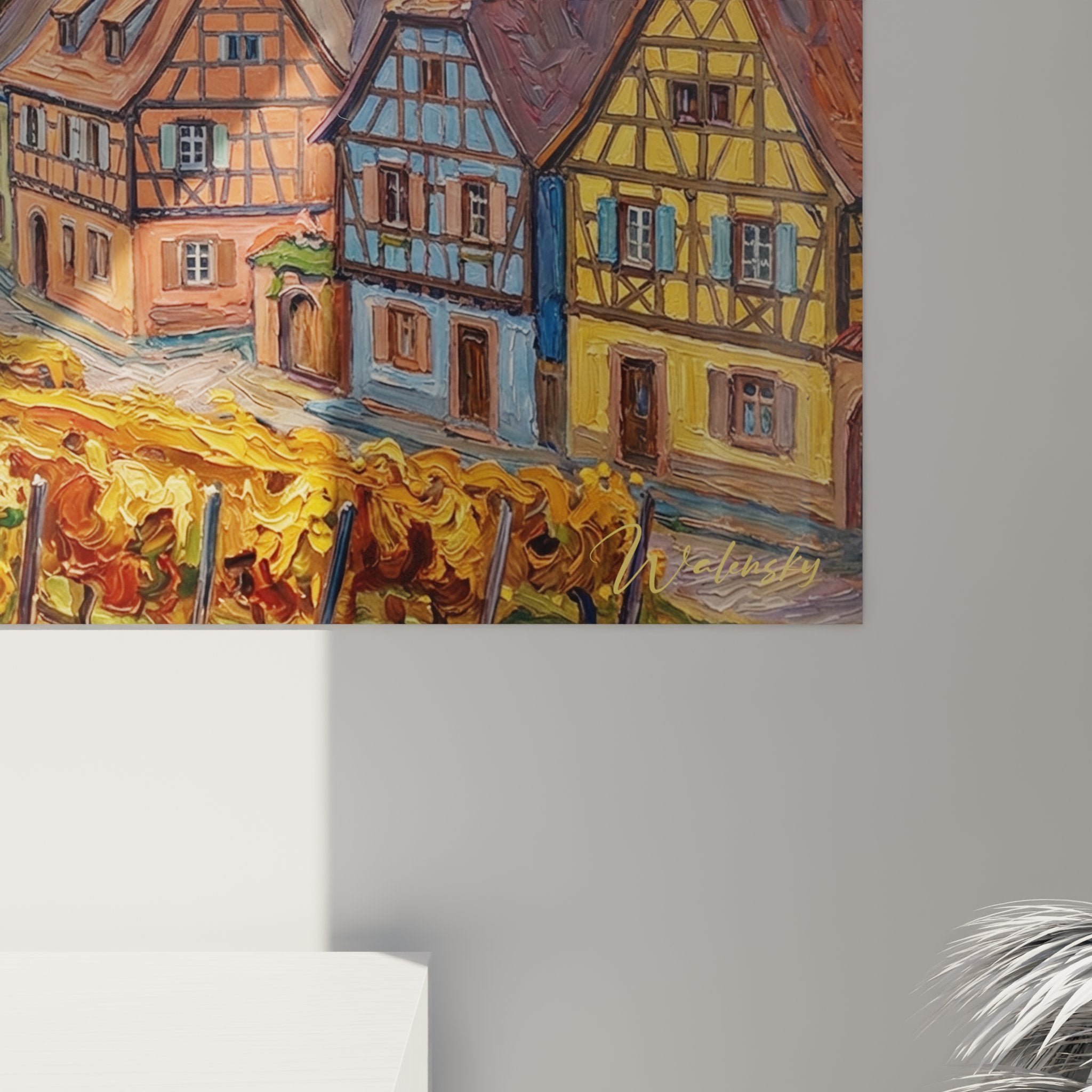 Vue ensemble tableau paysage viticole alsace vignobles terrasse village montagne vosges decoration