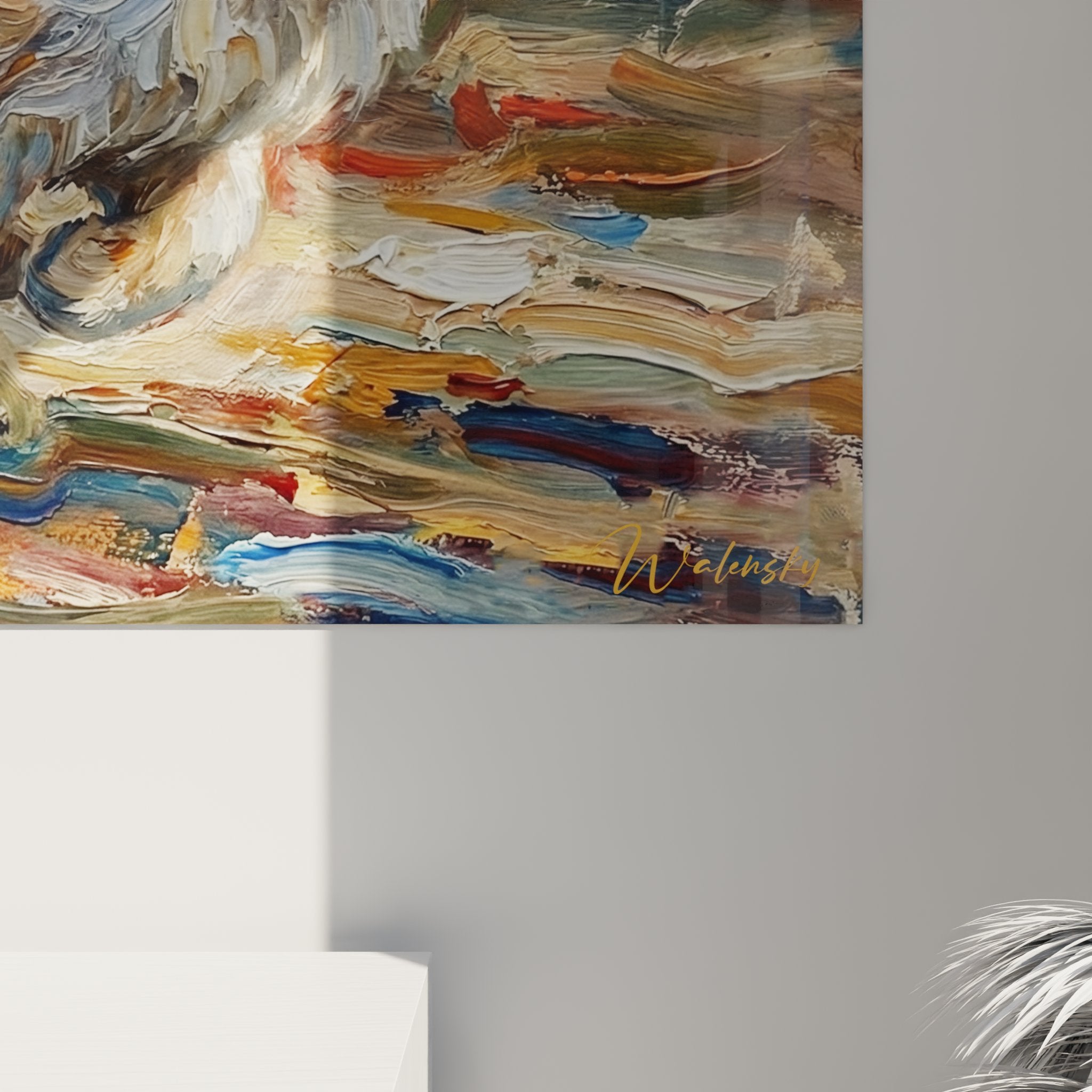 Overview of Persian cat swirling wall art in modern living room with ambient lighting