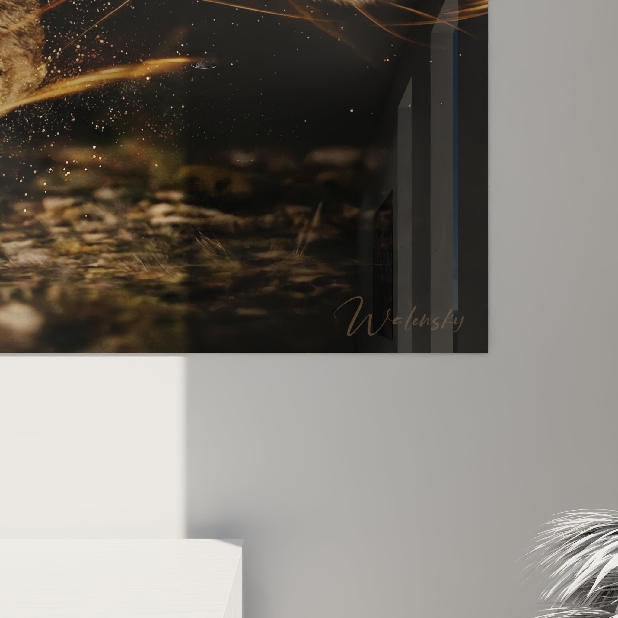 Vue d'ensemble tableau mural chat Ocicat dynamique dans salon contemporain élégant