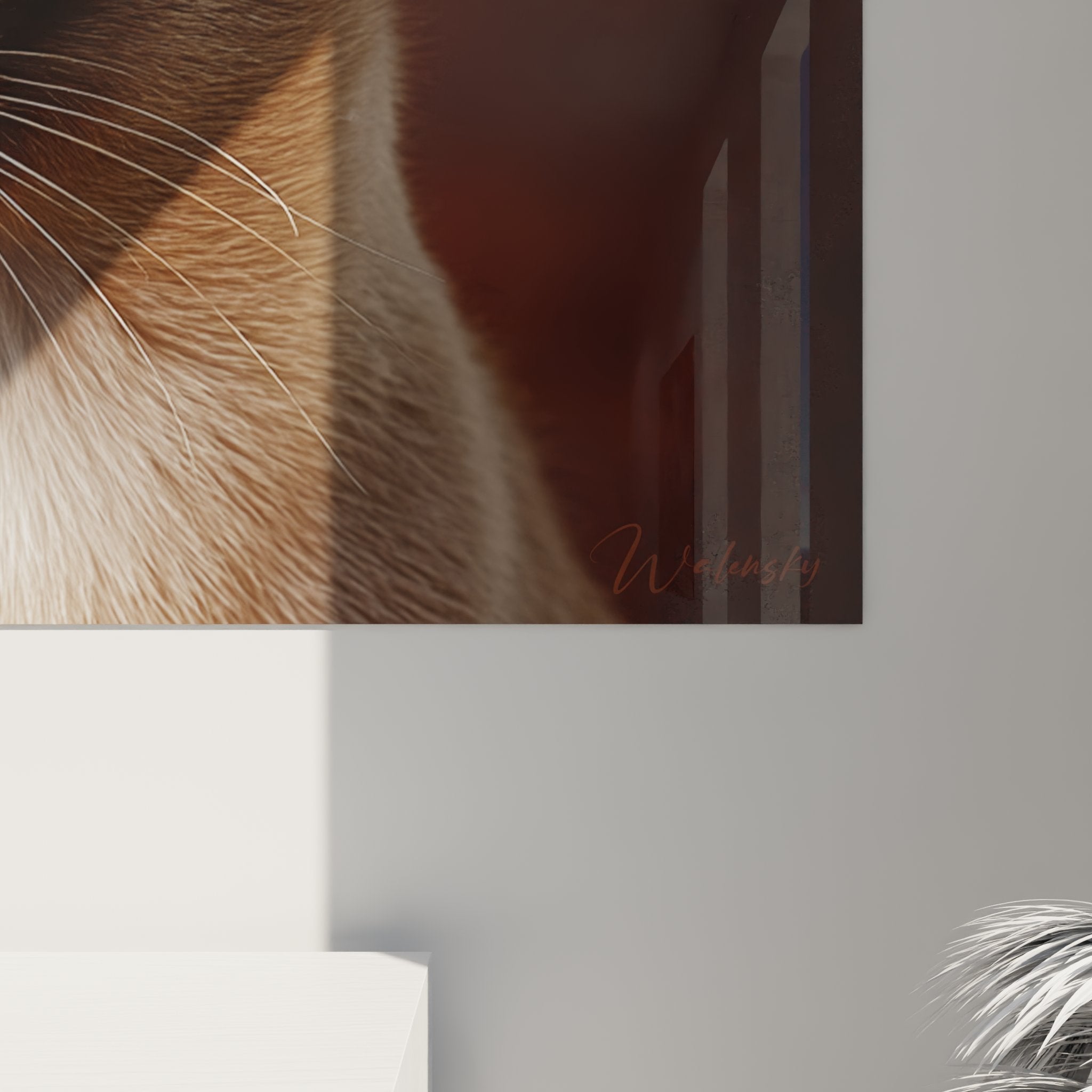 Vista d'insieme quadro murale gatto Tonkinese in interni contemporanei, arte animale decorativa premium