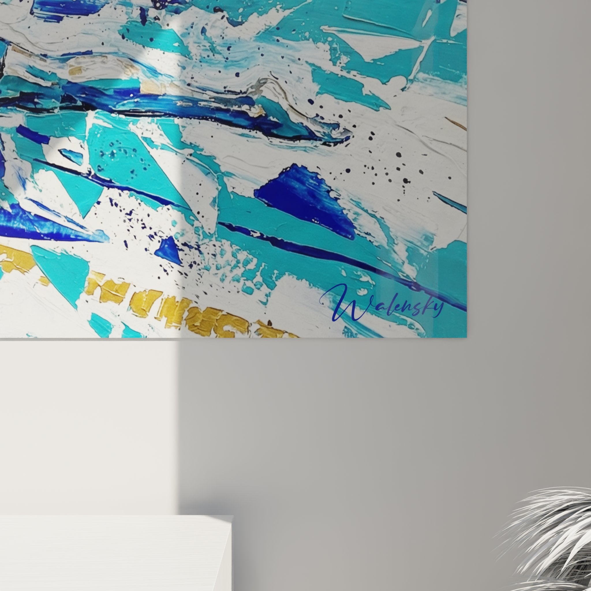 Vue ensemble tableau natation abstrait decoration murale moderne couleurs aquatiques bleu turquoise blanc