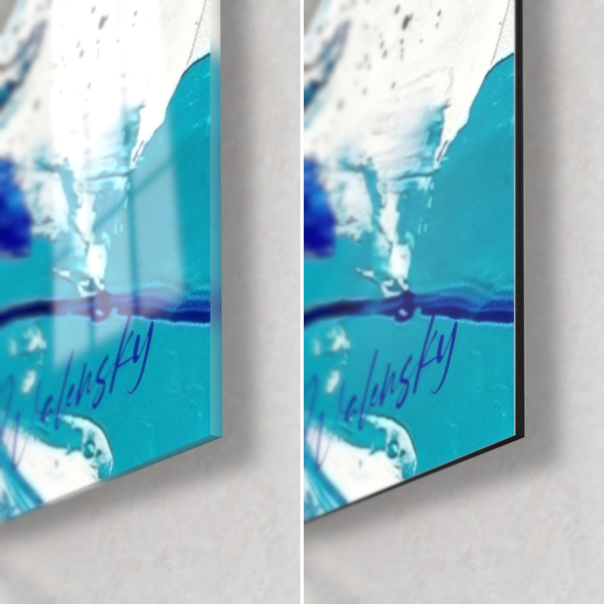 Tableau athlète fendant l'eau, coin bas droit en turquoise et bleu outremer, signature Walensky, verre brillant et Dibond mat