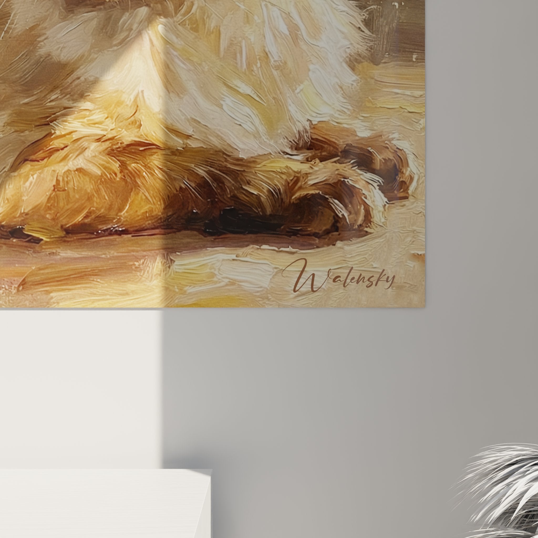 Overview of Balinese cat wall art in modern living room, feline artistic decoration