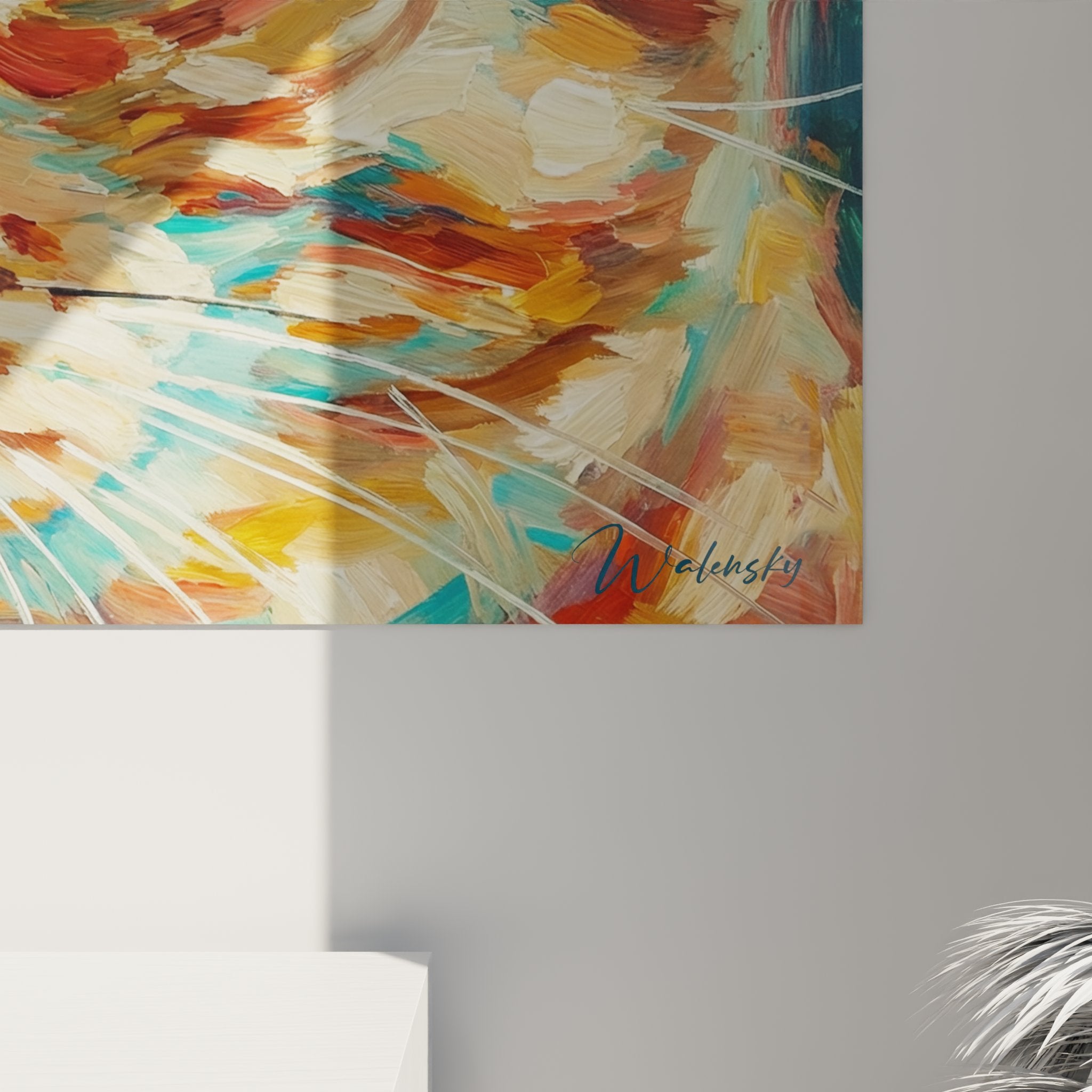 Overview of the multicolored cat painting hung on the wall in a contemporary interior