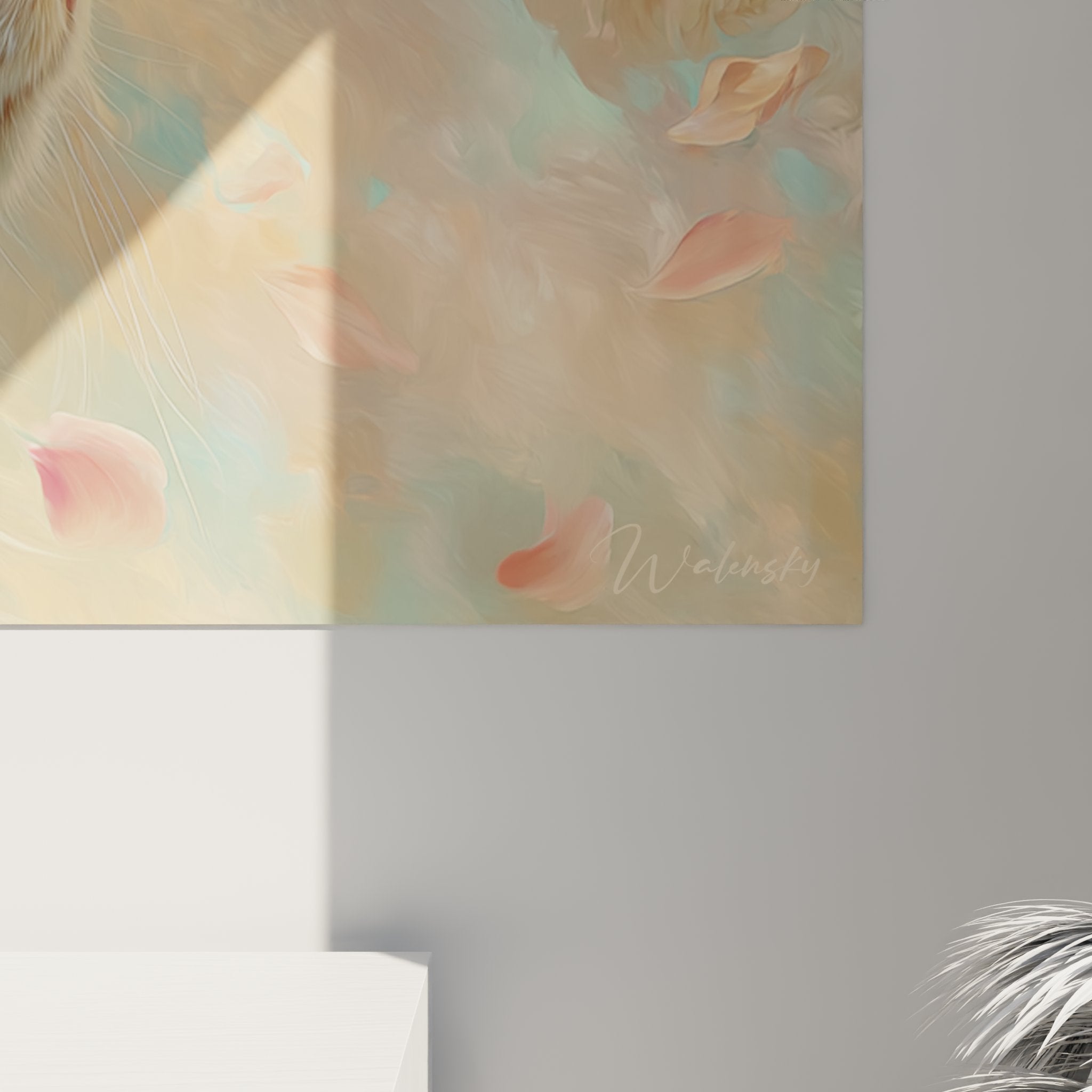 Gesamtansicht Wandbild Katze Turkish Angora florale Atmosphäre Rosen Innenraumdekoration