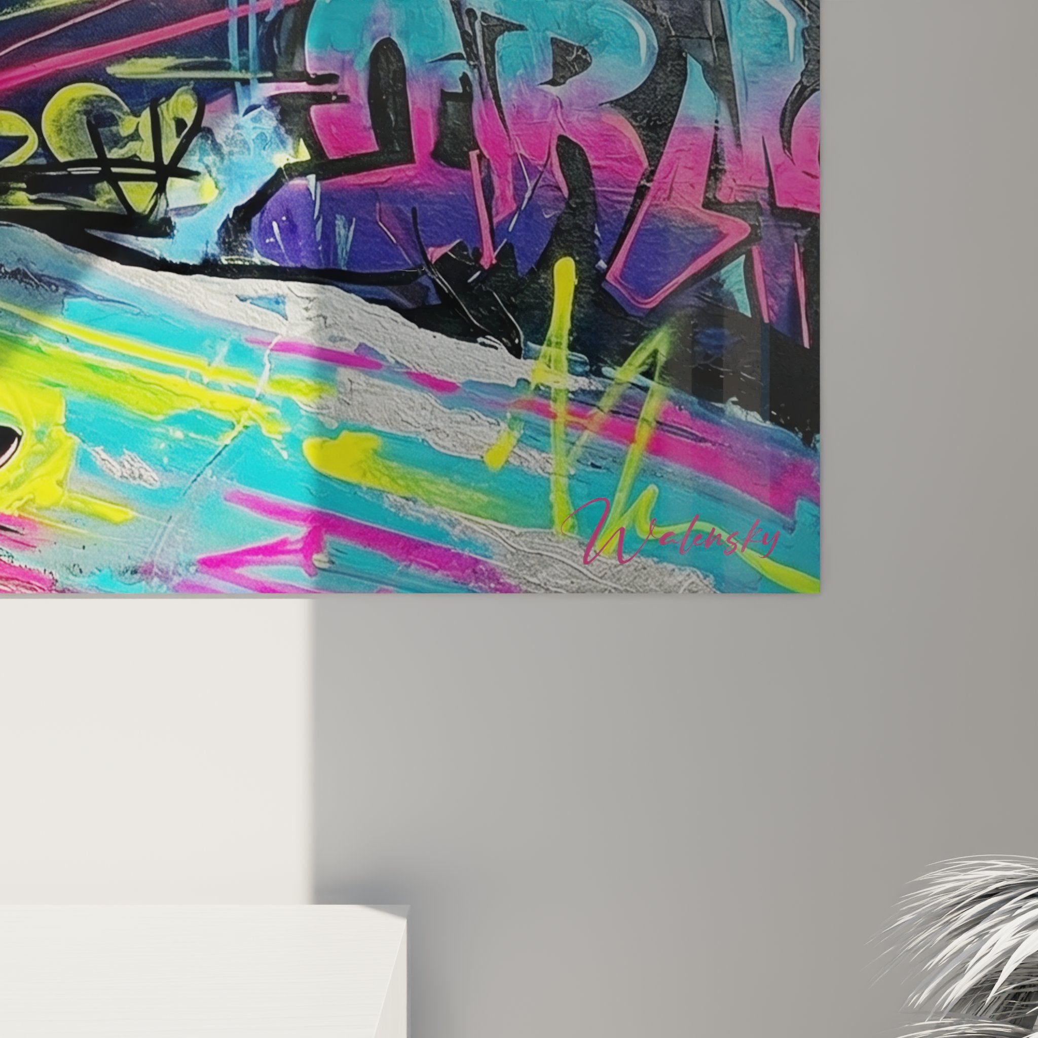 Vue ensemble tableau mural snowboard graffiti neon rider montagne decoration interieur moderne