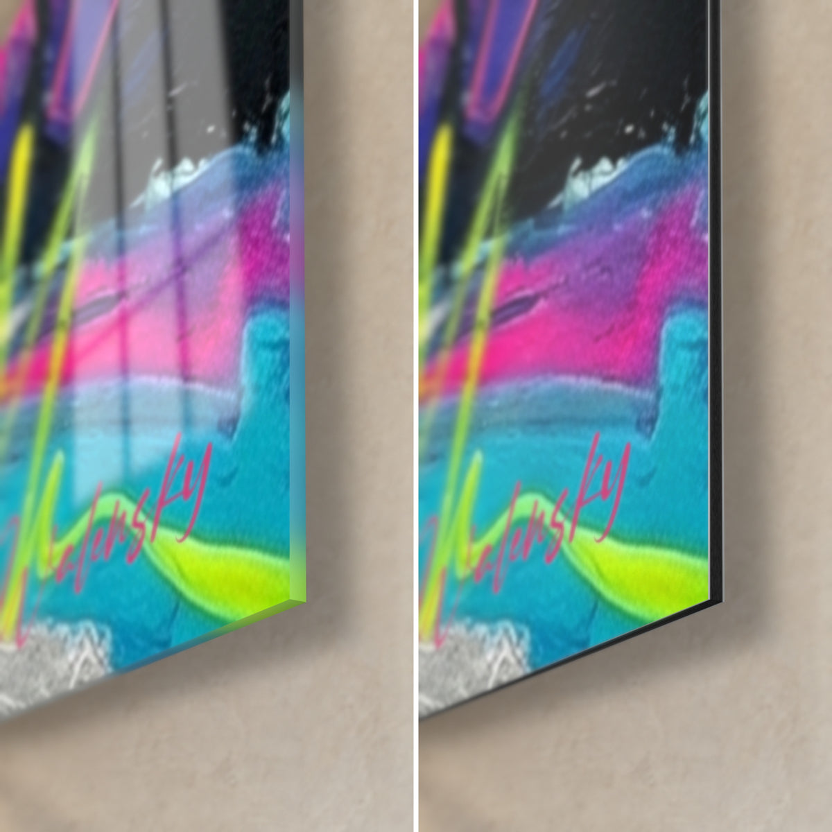 Gemälde Neon-Boarder, untere rechte Ecke: rosa Signatur auf cyanfarbenen und gelben Schlieren, glänzendes Glas links, mattes Dibond rechts, 3 mm Kante