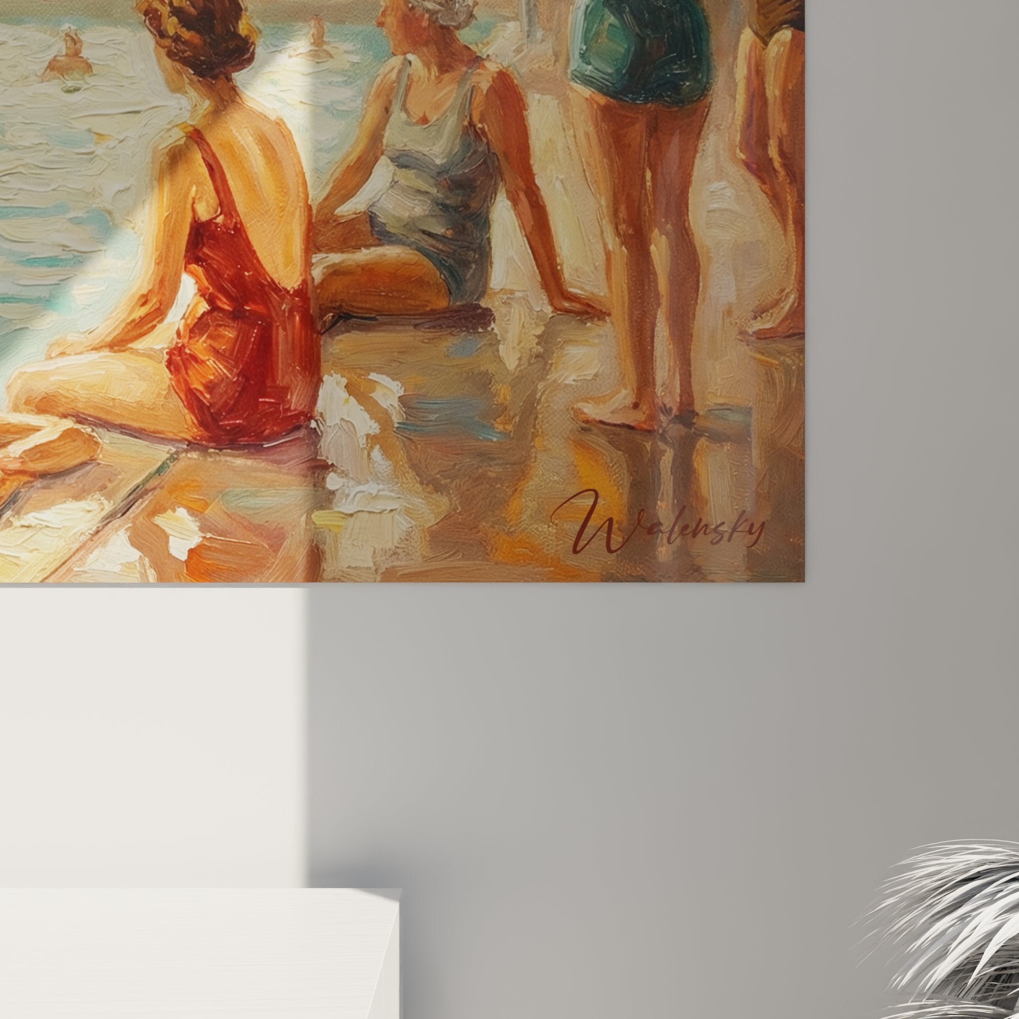 Vue d'ensemble tableau bains publics vintage, piscine avec verrières et nageurs en maillots d'époque rétro