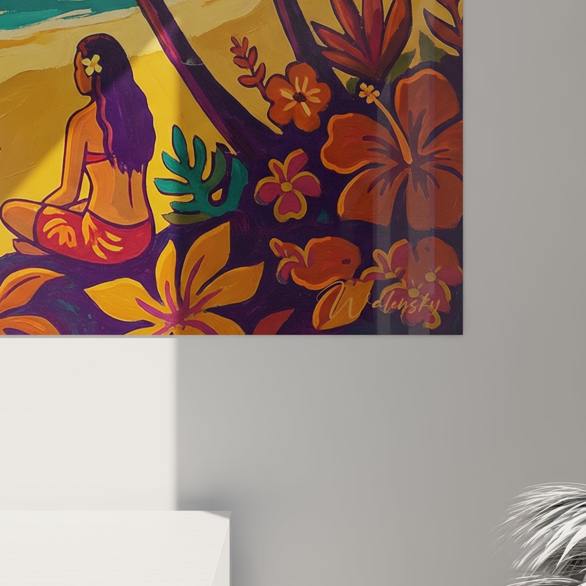 Overview tropical sunset wall art, palm trees and beach surf lifestyle scene