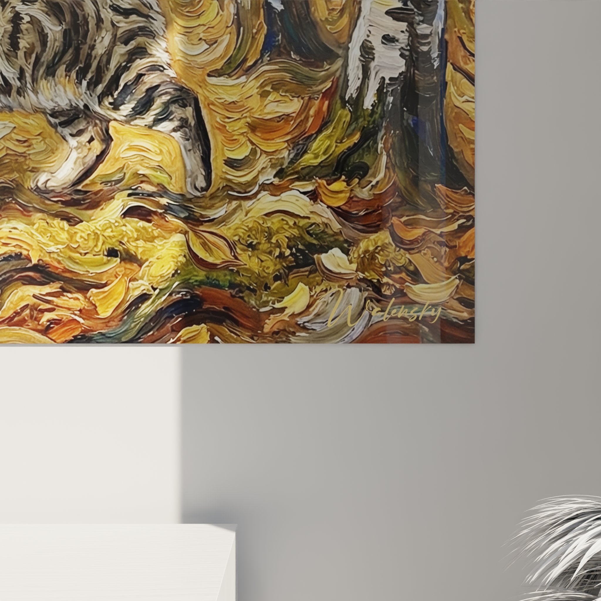 Vista d'insieme quadro murale gatto foresta autunnale decorazione interna stile artistico