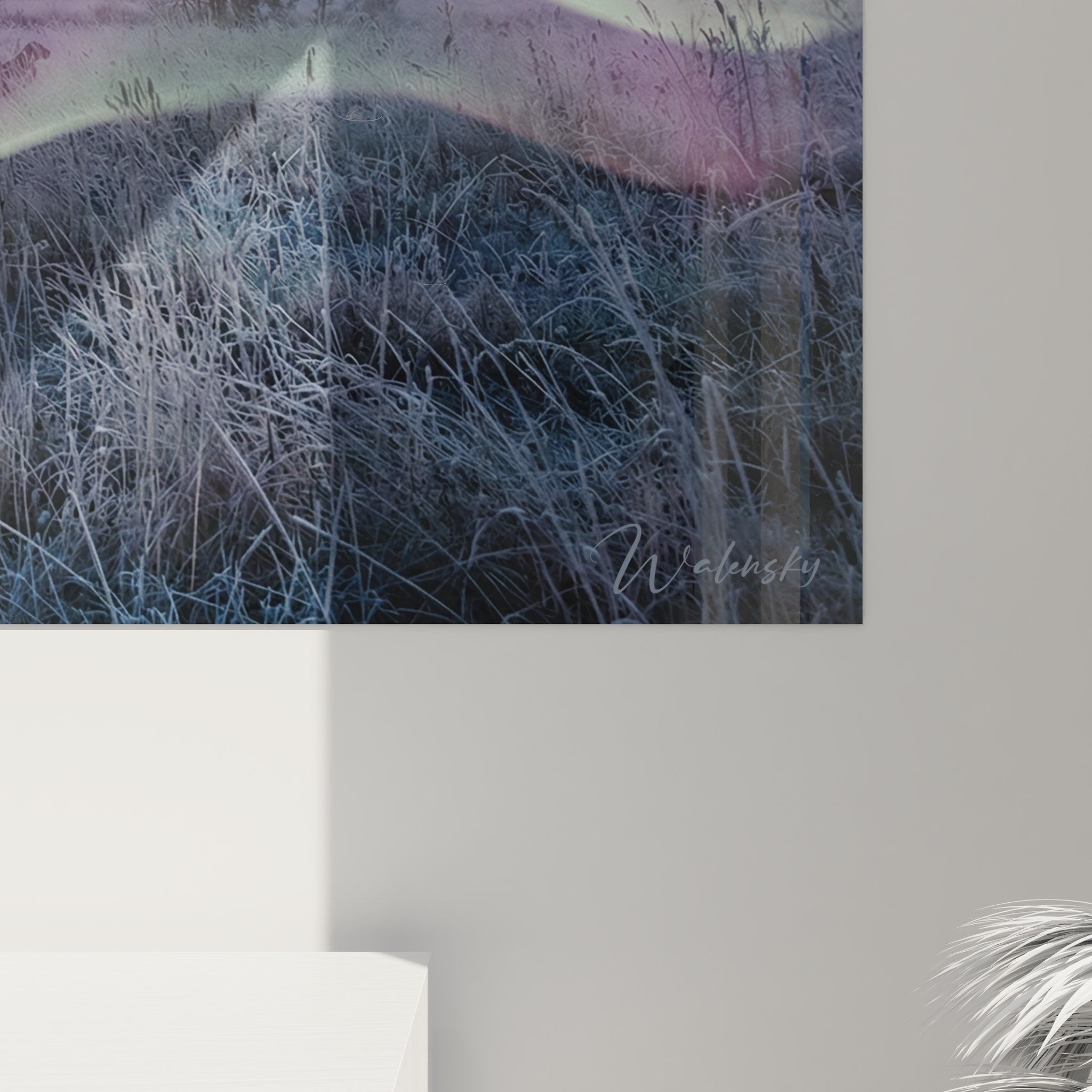 Vue d'ensemble tableau chasseurs aurores boréales - art mural chasse paysage nordique hivernal féerique