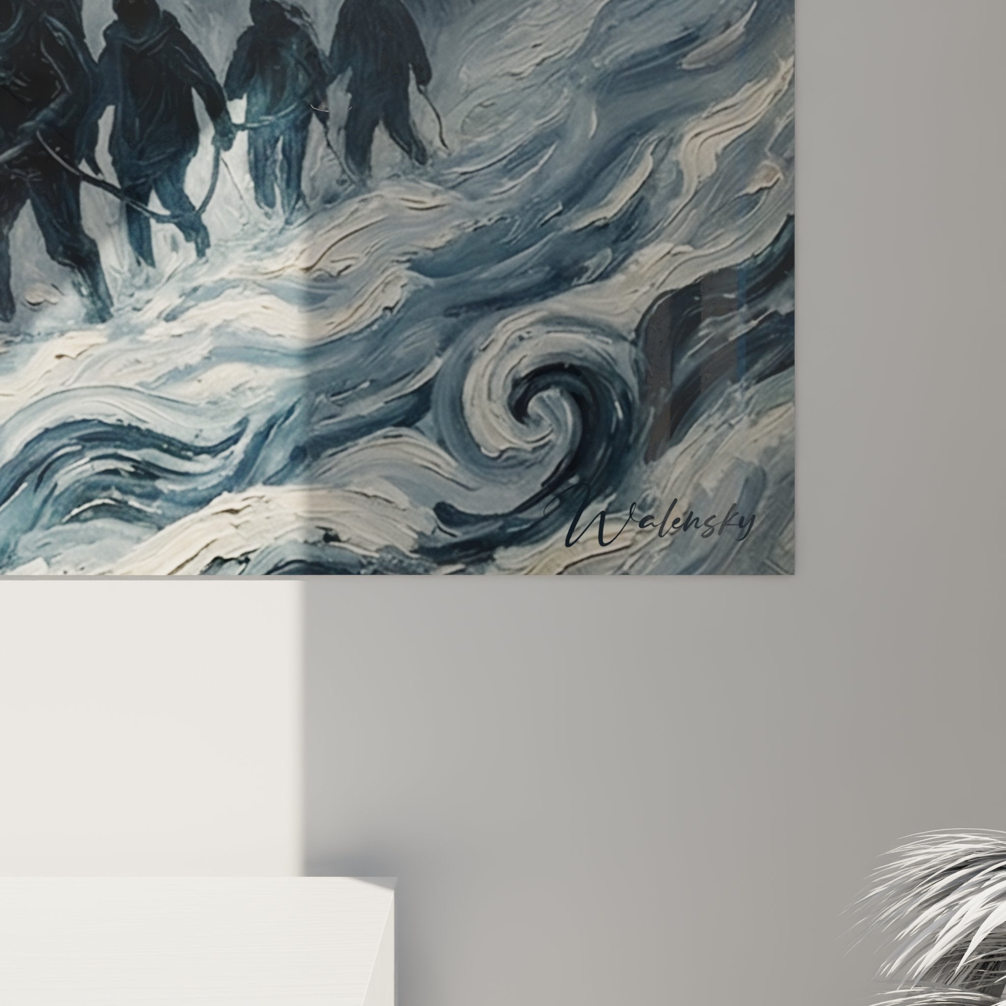 Vista d'insieme quadro murale alpinisti, opera d'arte montagna che rappresenta spedizione eroica nella tempesta delle Alpi