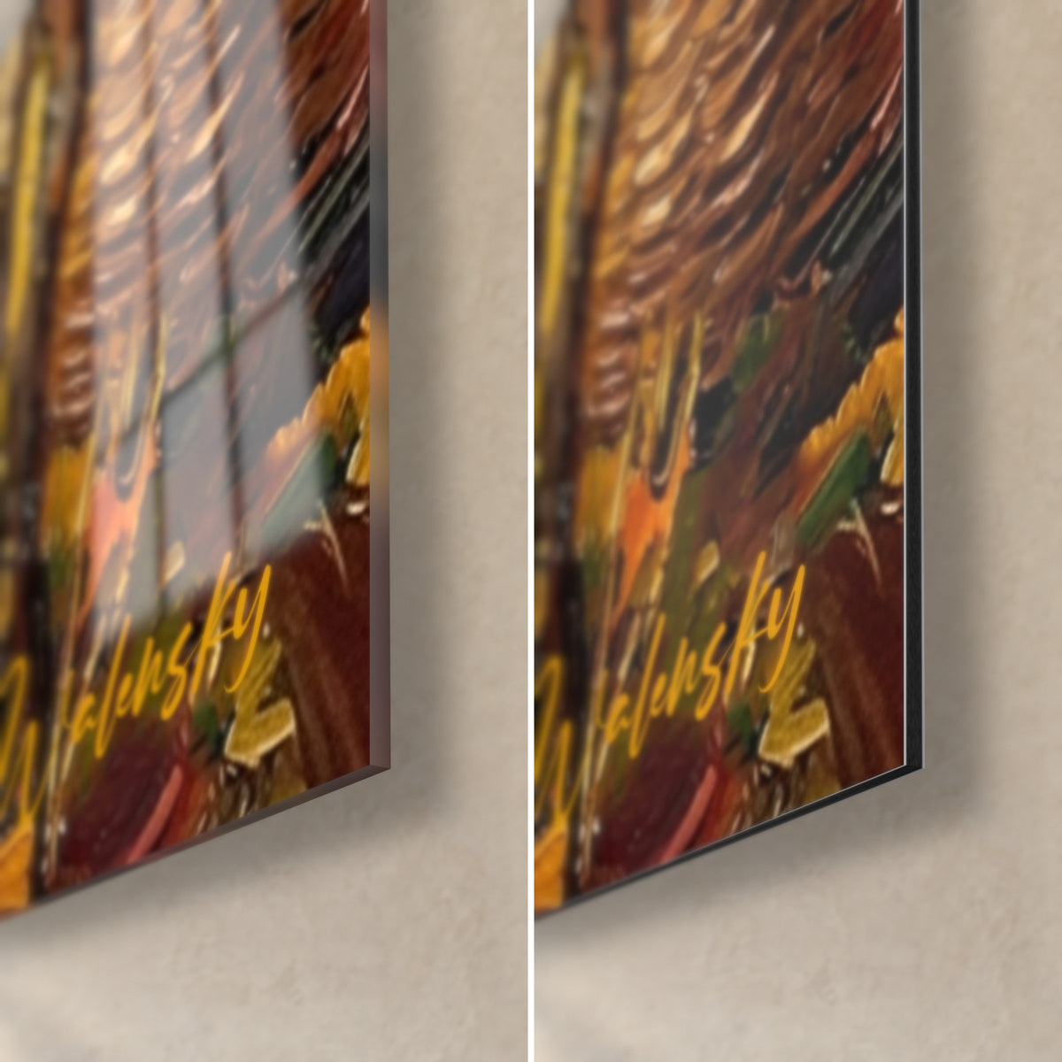 Wall art golden grape clusters in thick impasto, bottom right corner: glossy acrylic glass on the left, matte Dibond aluminum on the right, 3 mm edge