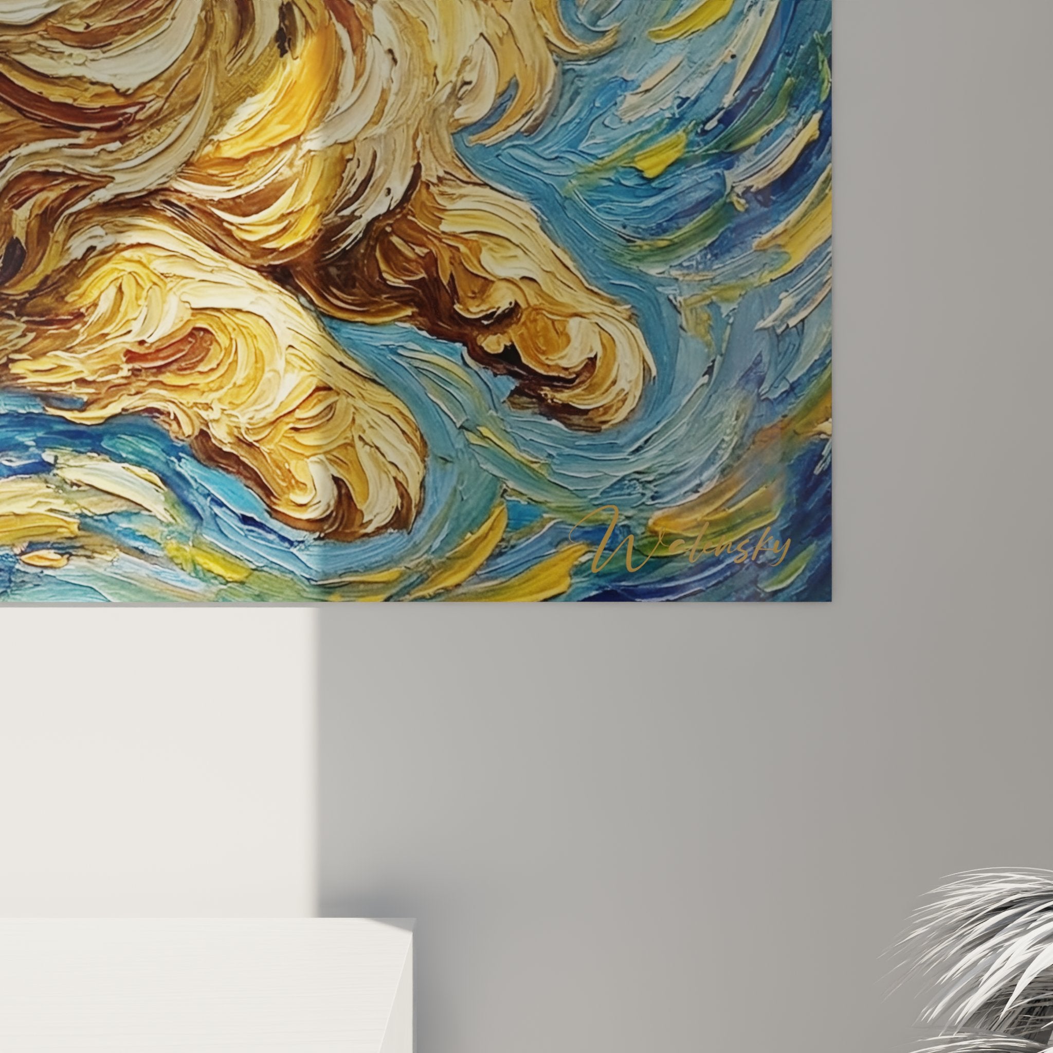 Overview Persian cat painting inspired by Van Gogh, wall art colorful swirls interior decoration