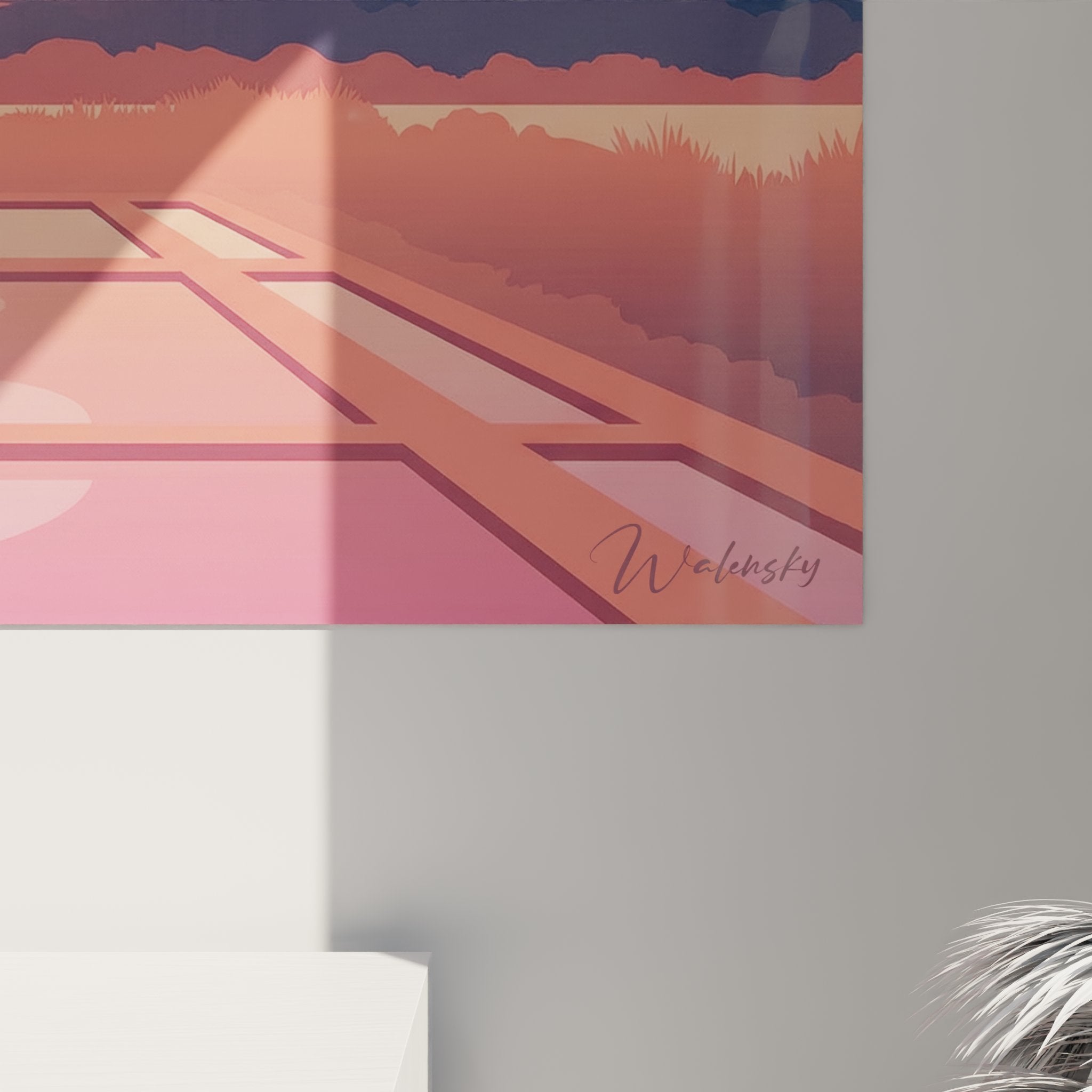 Vista d'insieme quadro fenicotteri rosa Camargue saline tramonto decorazione d'interni moderna