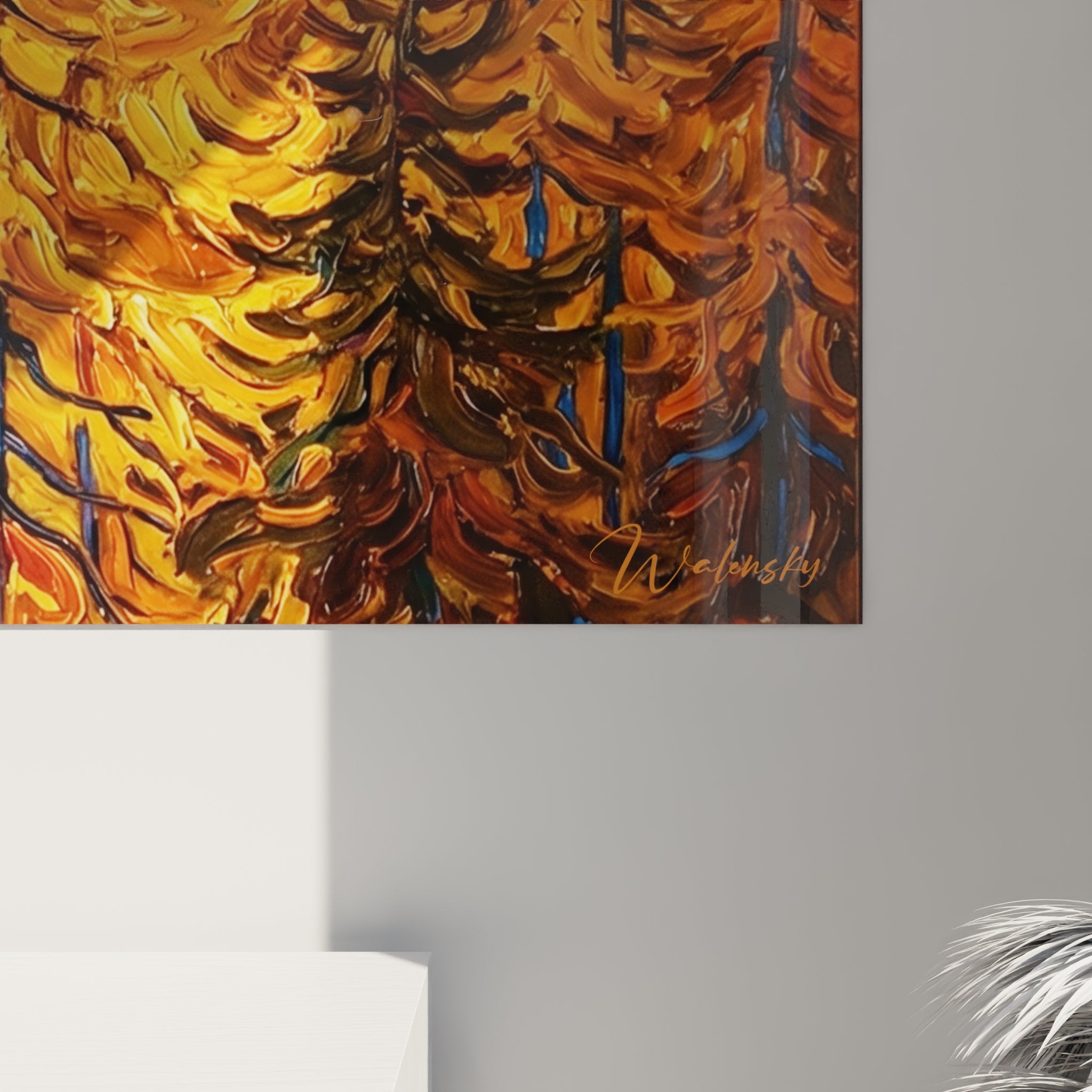 Vista d'insieme quadro foresta di larici Alpi, decorazione murale natura, colori caldi autunno montagna
