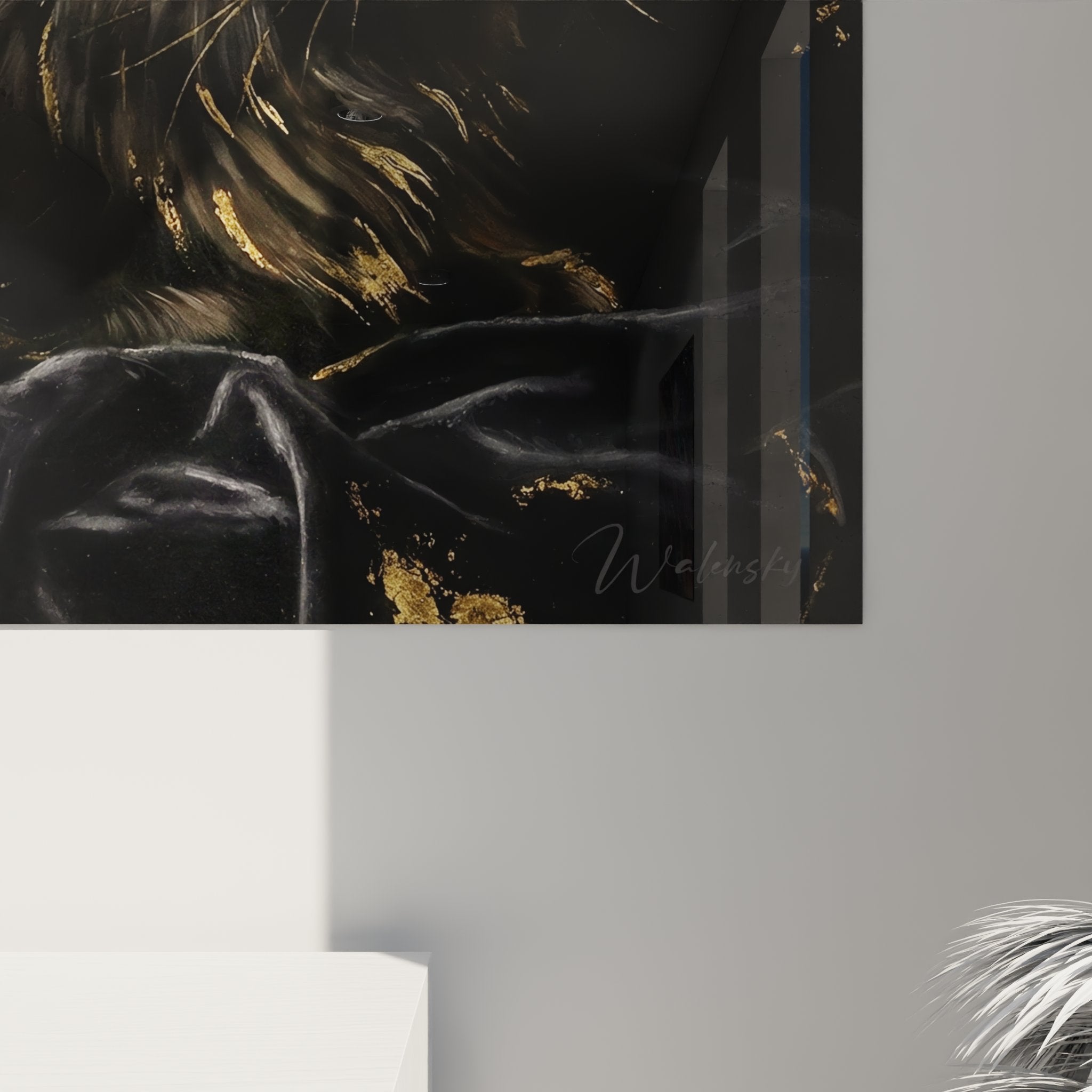 Gesamtansicht des schwarzen und goldenen Maine Coon Gemäldes, Katzenkunstwerk für Wanddekoration