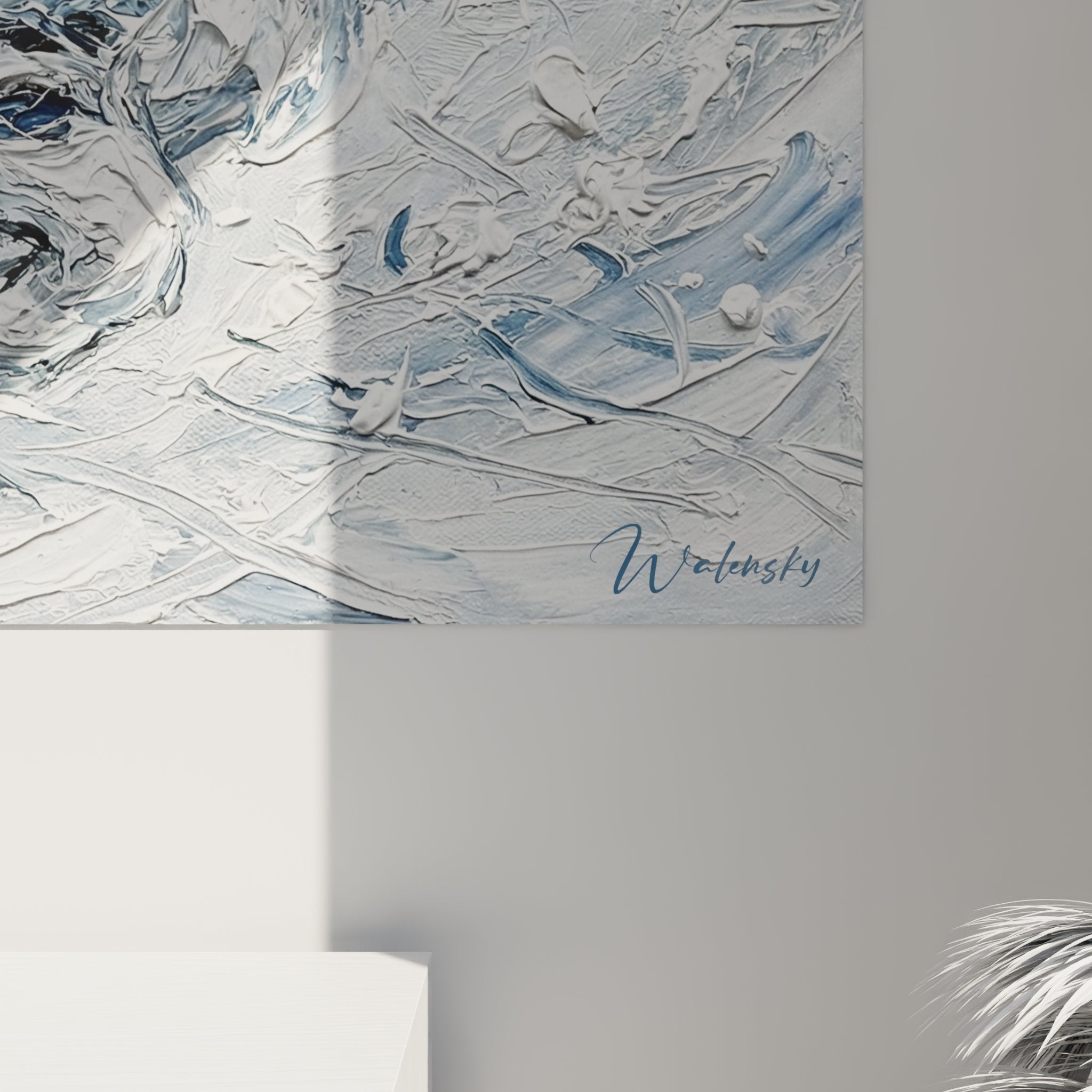 Panoramica quadro murale gatto Norwegian Forest Cat astratto, opera moderna blu arredamento interno design