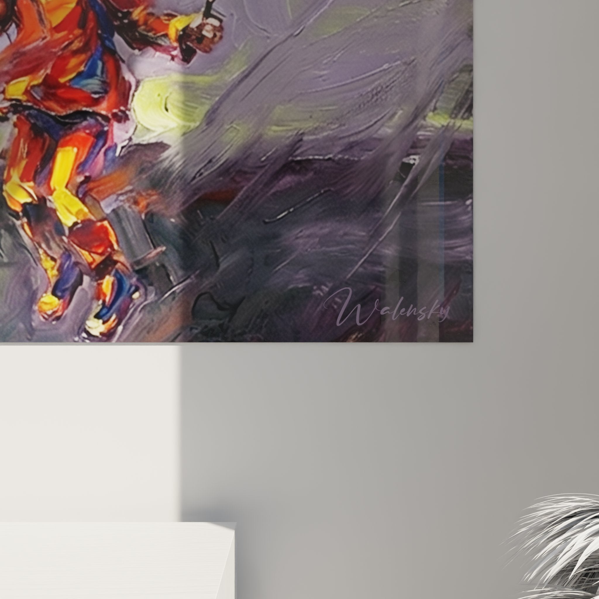 Full view child artwork jump rope storm modern living room wall decoration contemporary colorful art