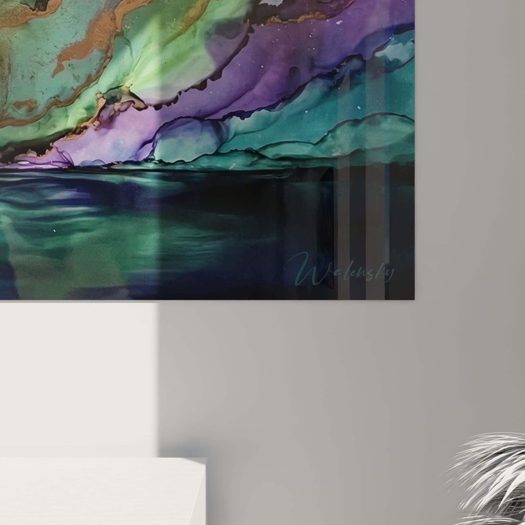 Overview northern lights kayak wall art, large format mural, modern living room nature décor