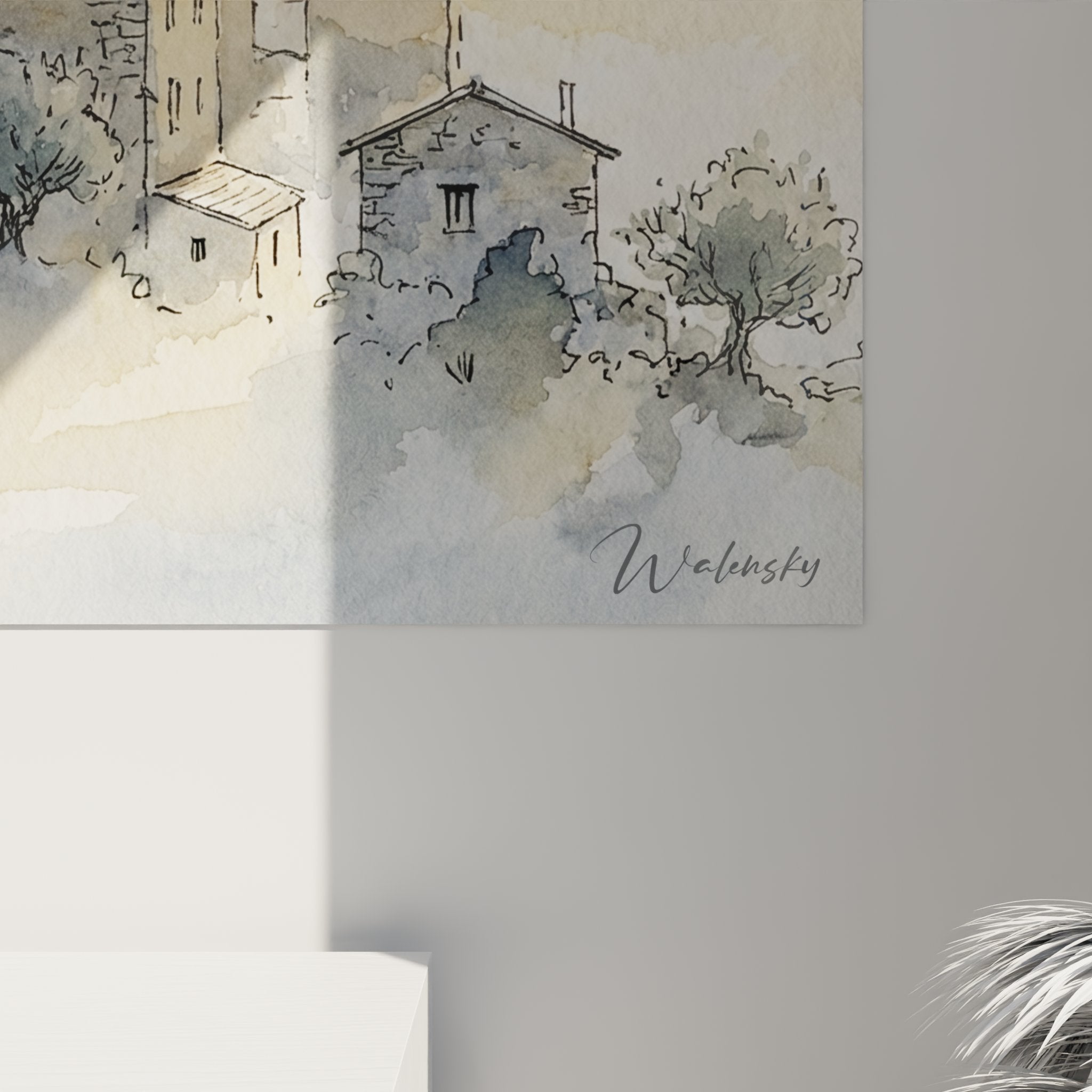 Vista d'insieme acquerello villaggio corso montagna nuvole atmosfera mistica decorazione arte murale corsica