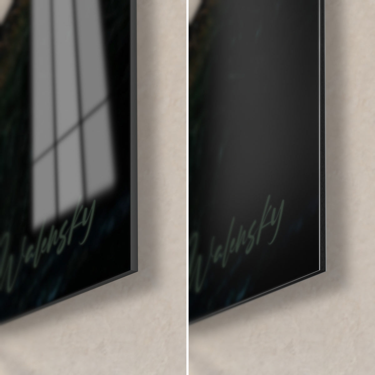 Tableau vague au crépuscule, coin bas droit : verre acrylique brillant à gauche, alu Dibond mat à droite, tranche noire de 3 mm