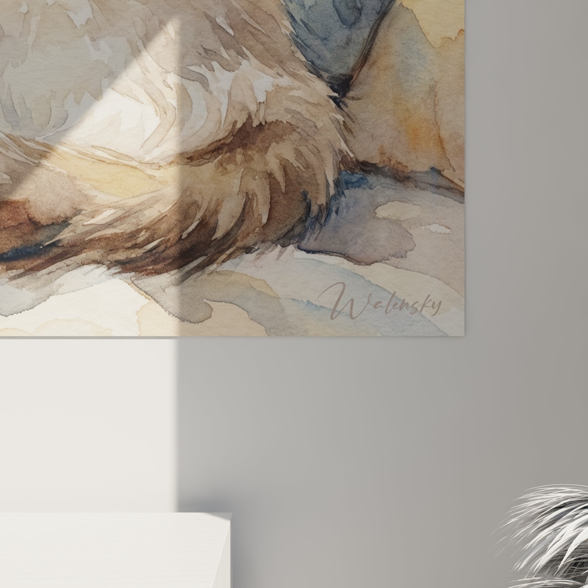 Vista d'insieme quadro gatto Ragdoll lettura, formato orizzontale, acquerello decorativo per interno moderno