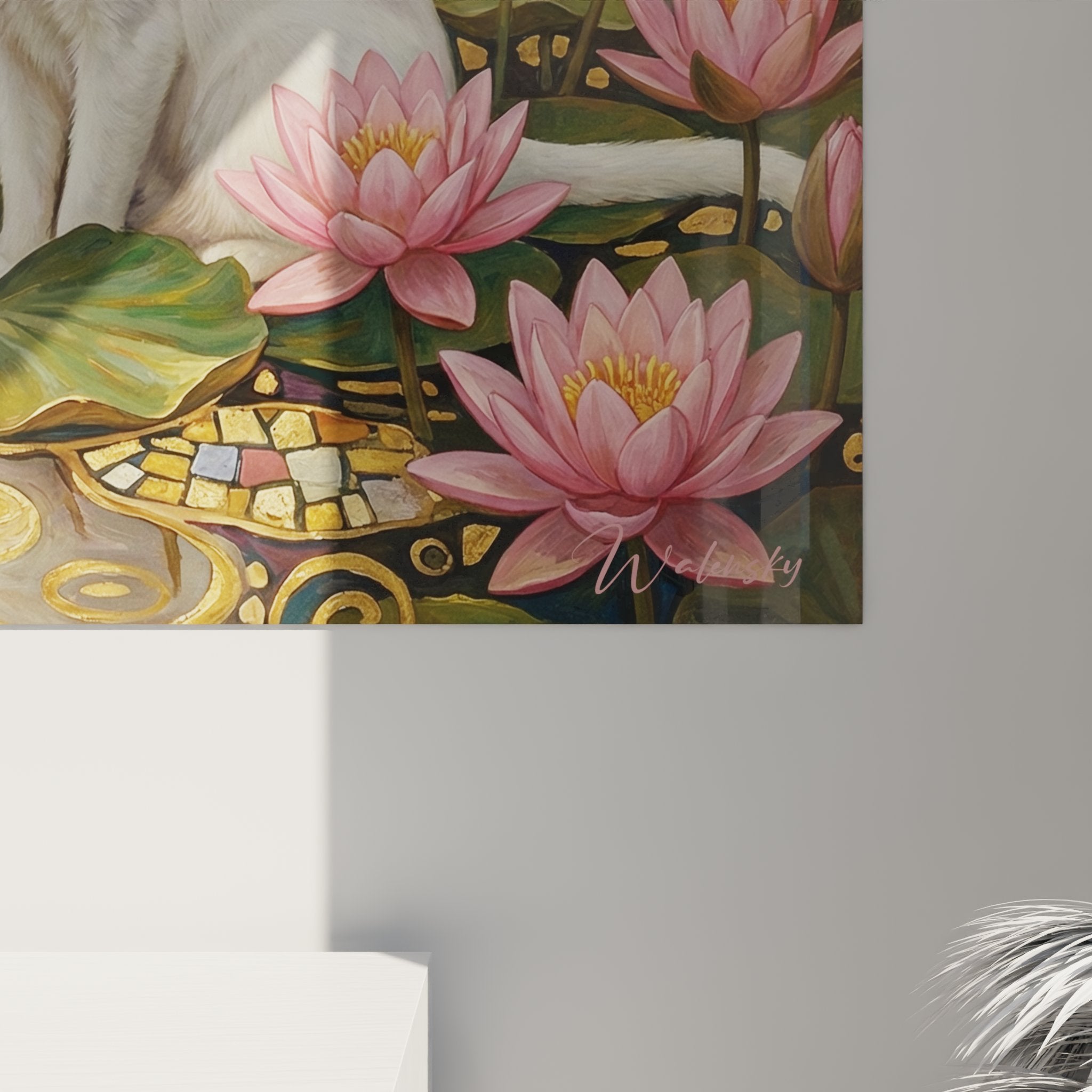 Vue ensemble tableau mural chat Khao Manee jardin lotus style decoratif art nouveau ornements floraux