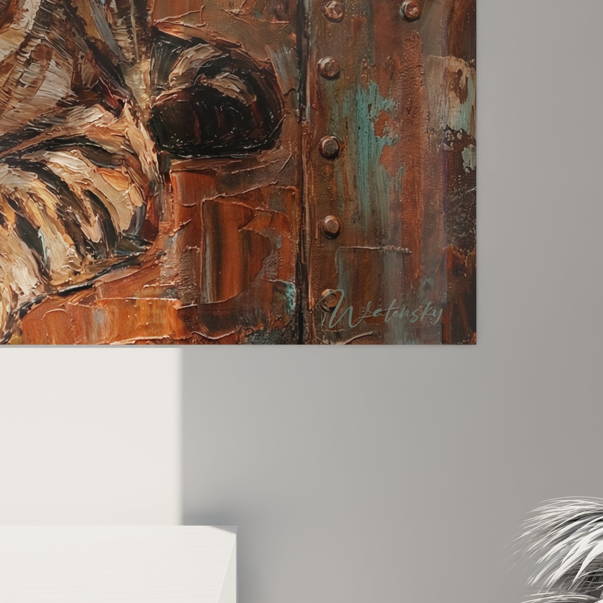 Vue perspective tableau chat American Shorthair roux fond metallique oxyde decoration interieure style loft