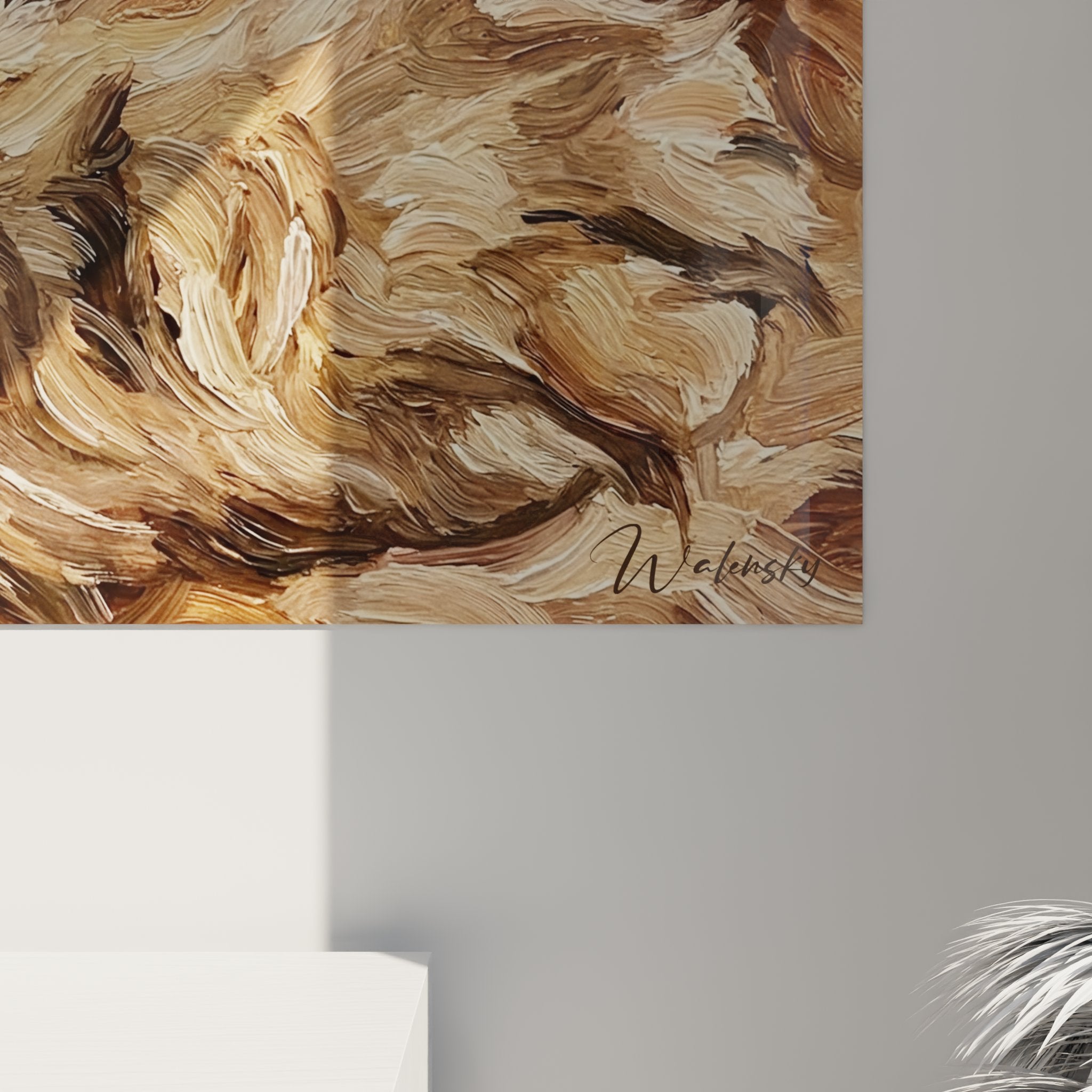 Panoramica quadro murale gatto Ragamuffin addormentato, dipinto felino decorativo stile realistico tonalità dorate