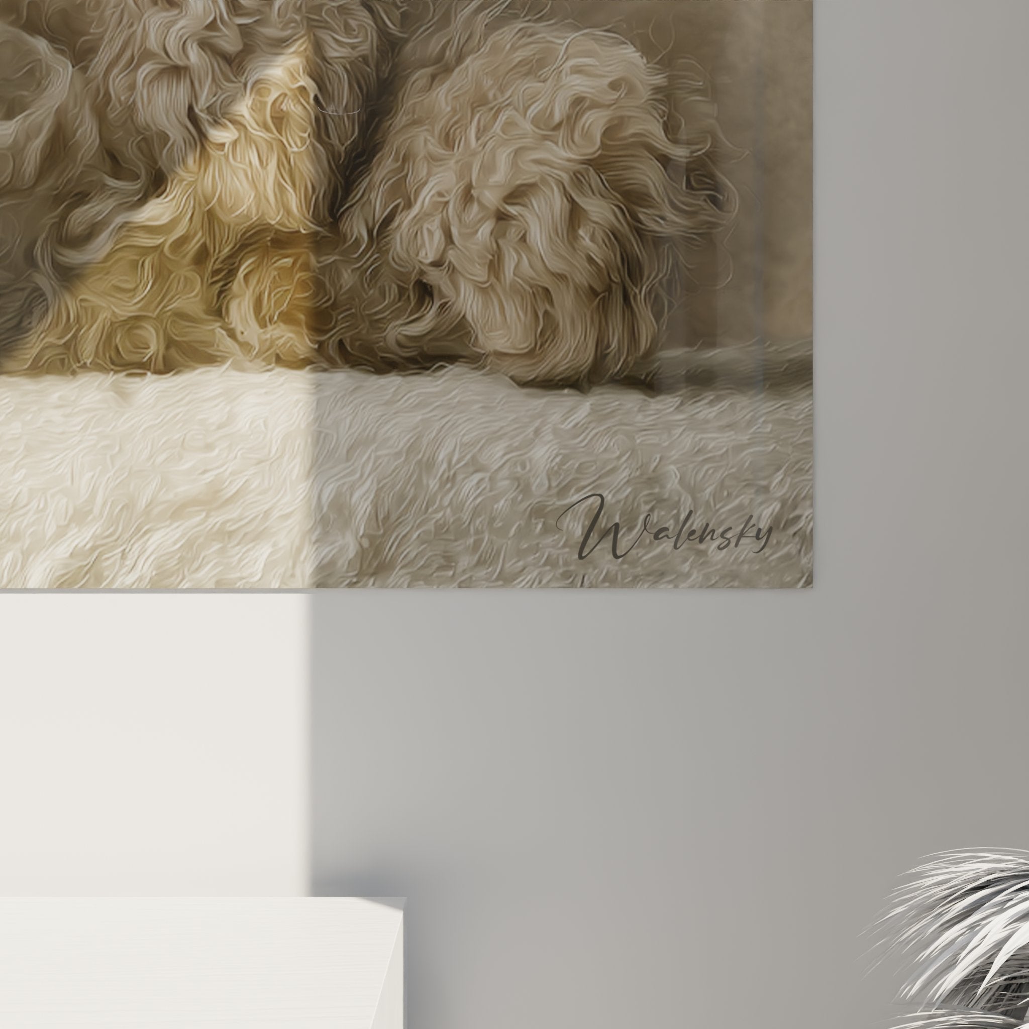 Gesamtansicht Wandbild Selkirk Rex Katze, charakteristisches lockiges Fell, entspannte Pose, Tierkunst