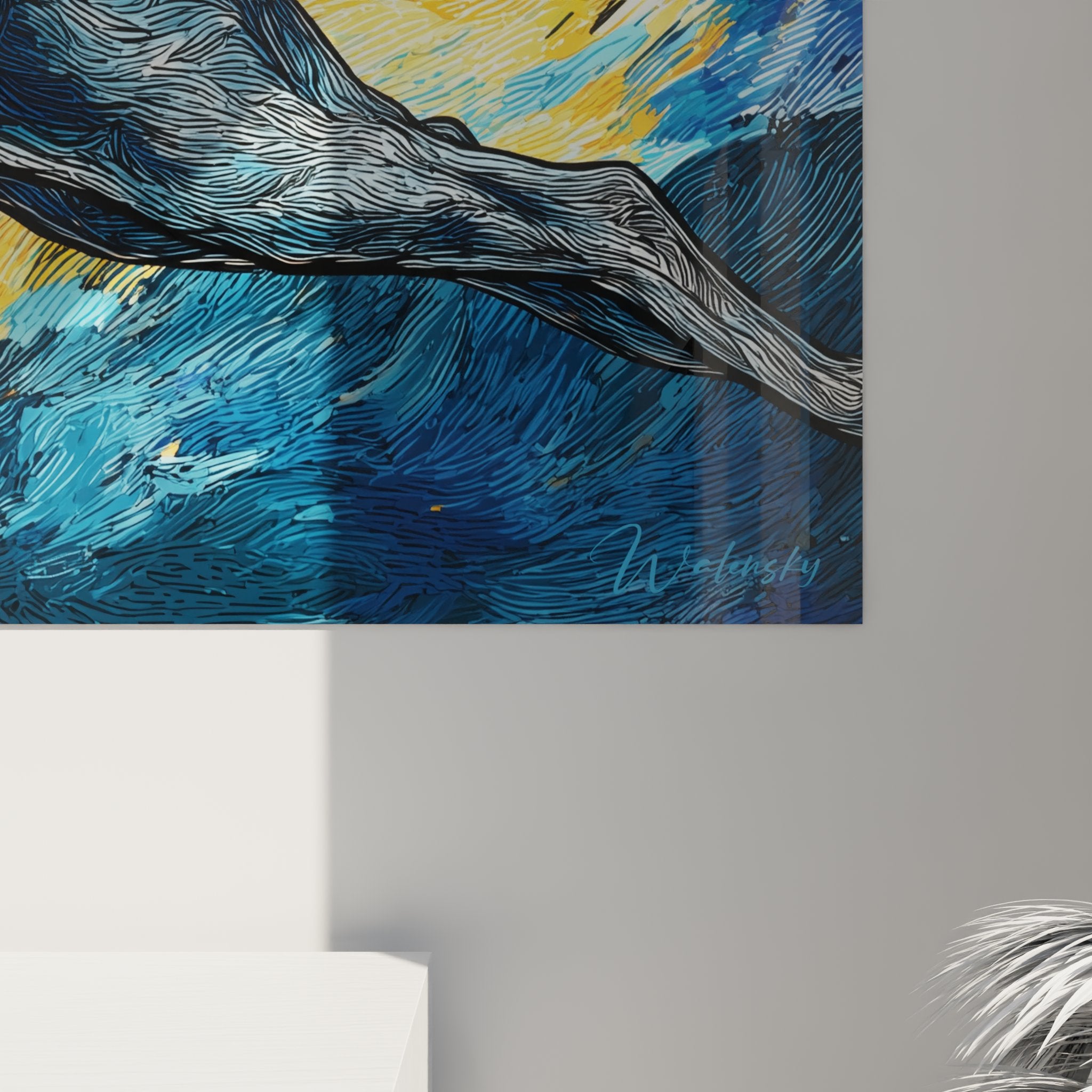 Vue d'ensemble tableau chat Oriental Shorthair nuit étoilée, œuvre d'art murale féline décorative moderne