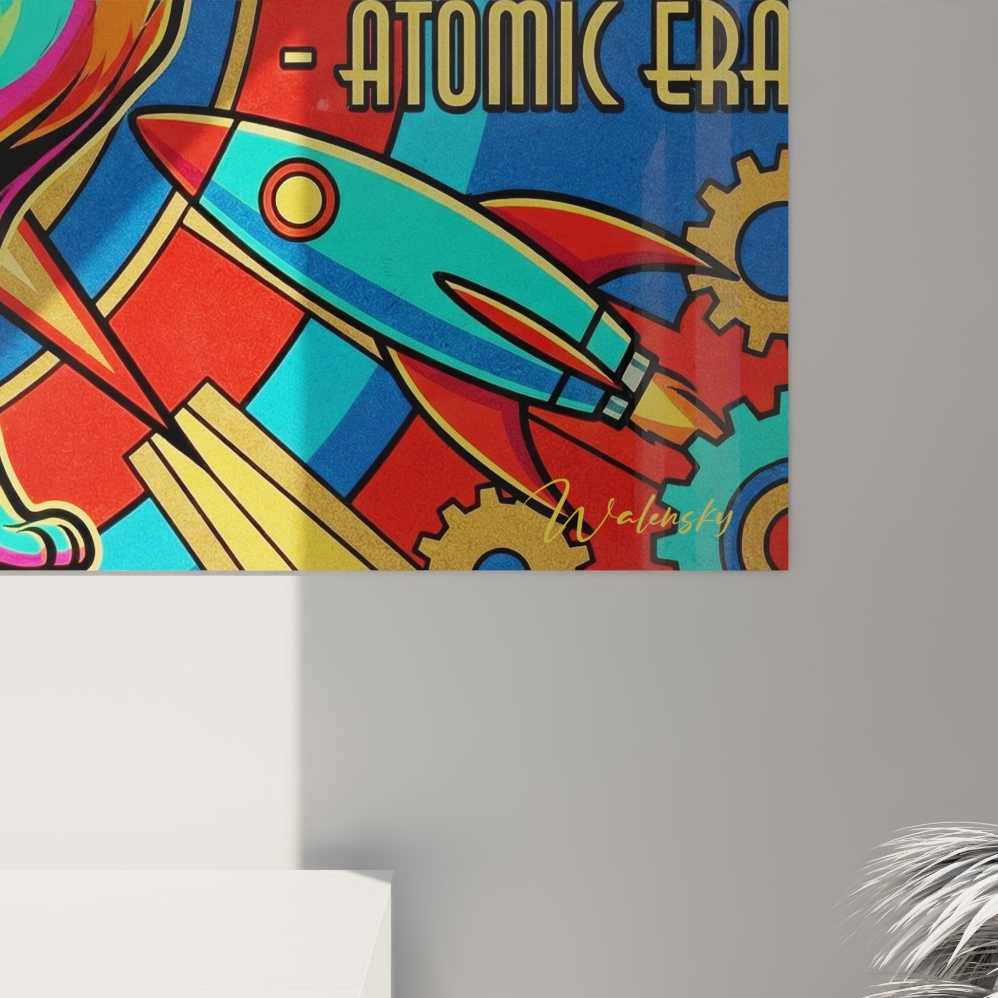 Vista panoramica quadro murale gatto Cornish Rex stile atomic era anni 50 arredamento interno moderno