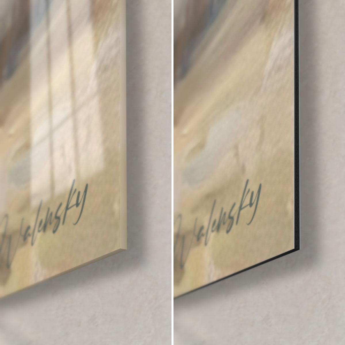 Tableau amazone et son cheval gris, coin bas droit : signature Walensky ocre, verre acrylique brillant à gauche, alu Dibond mat noir et tranche de 3 mm à droite