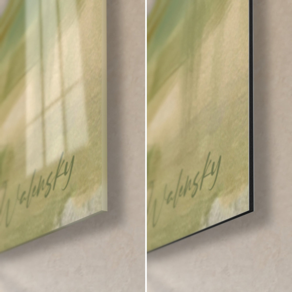Wall art baseball diver, bottom right corner: glossy acrylic glass with reflections and matte black Dibond, 3 mm edge, olive green